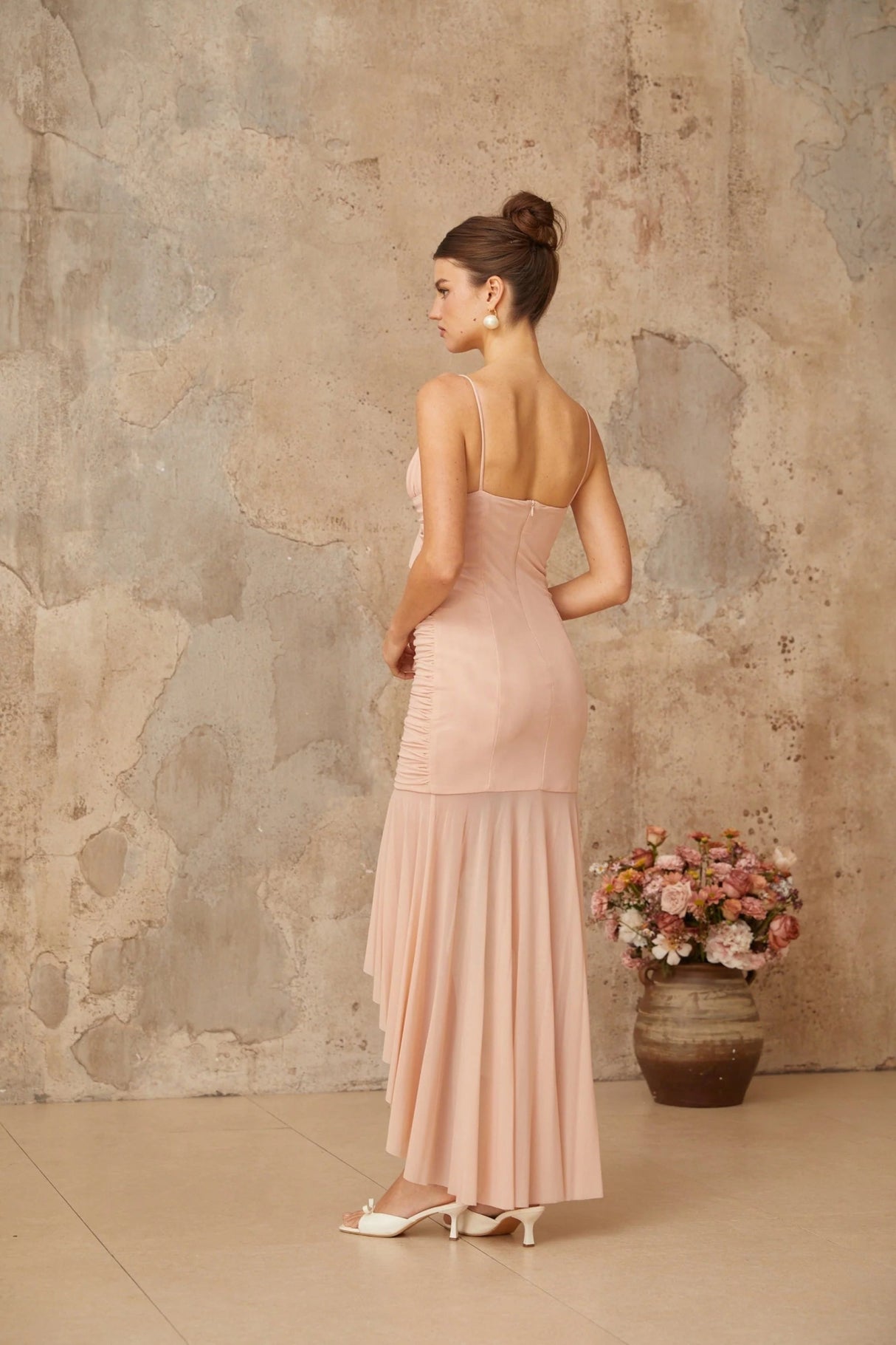 Serenity Midi Dress Pink Ruched Asymmetrical & Shirred Panel