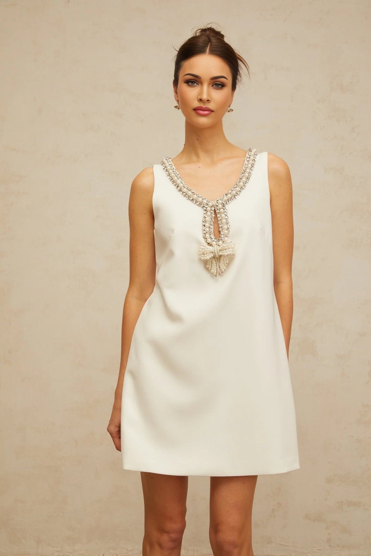 Serenity Mini Dress White Bow Rhinestone Crystal Embellished