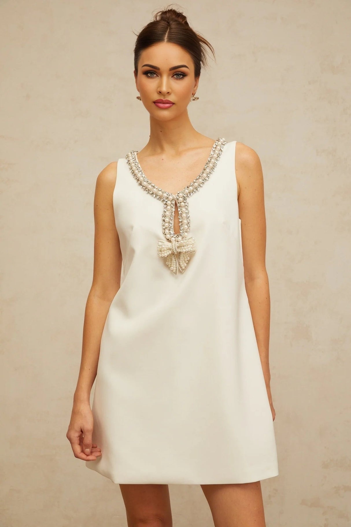Serenity Mini Dress White Bow Rhinestone Crystal Embellished