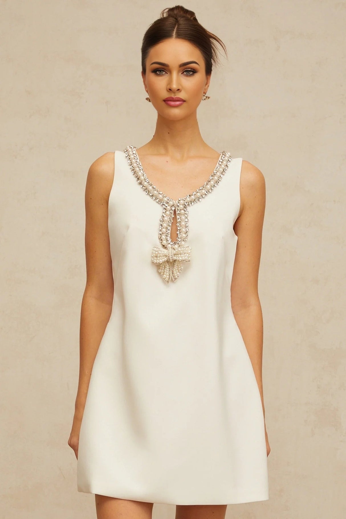 Serenity Mini Dress White Bow Rhinestone Crystal Embellished