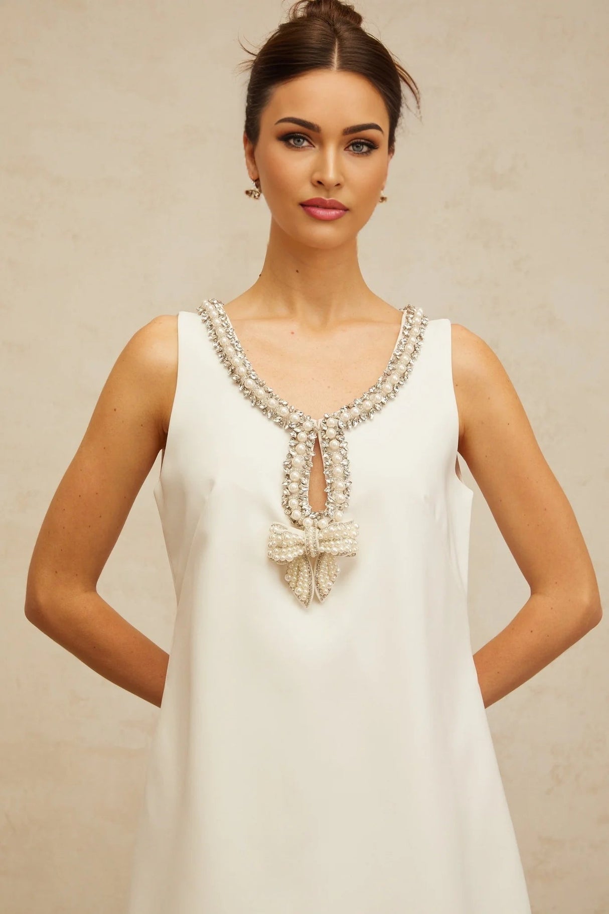 Serenity Mini Dress White Bow Rhinestone Crystal Embellished