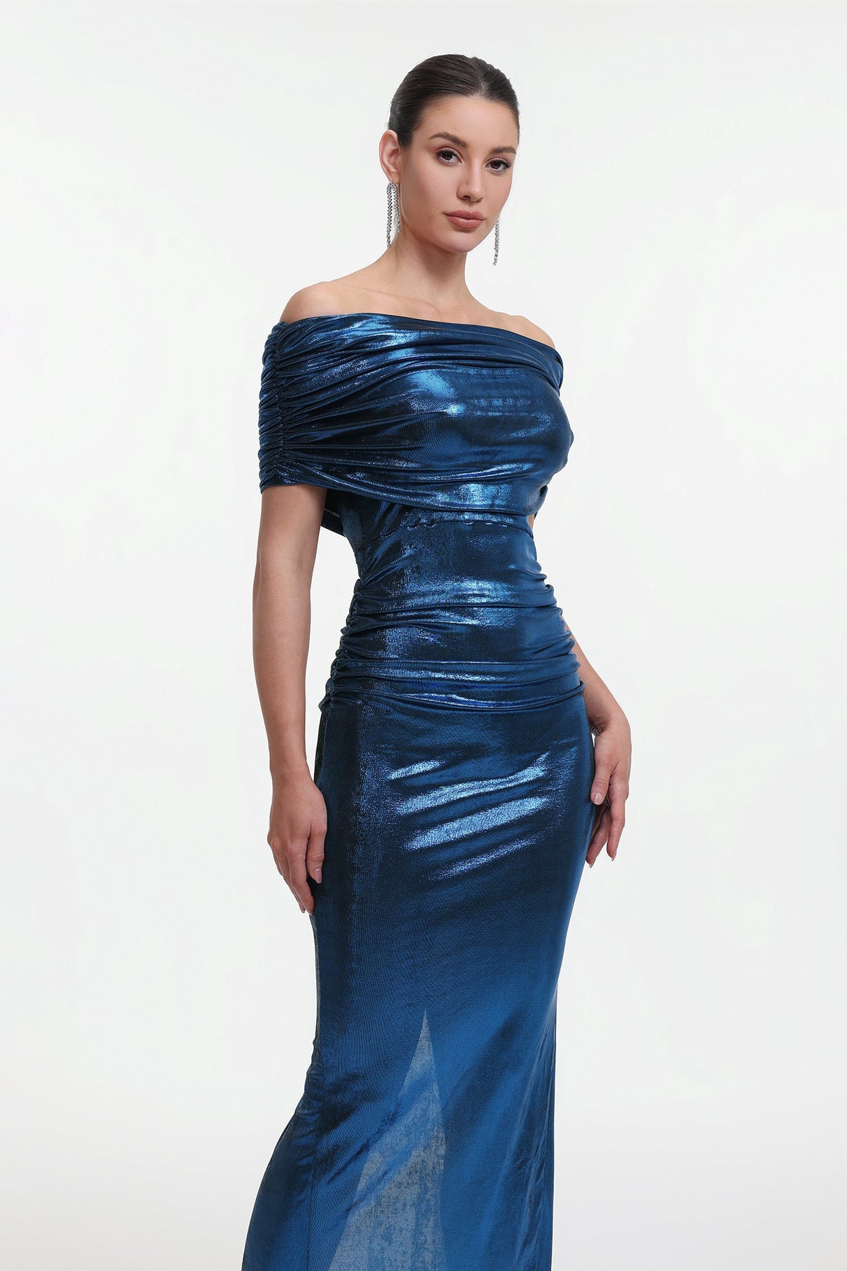 Shayla Blue Metallic Sheen Off-Shoulder Ruched Detailing Fitted Silhouette Dress