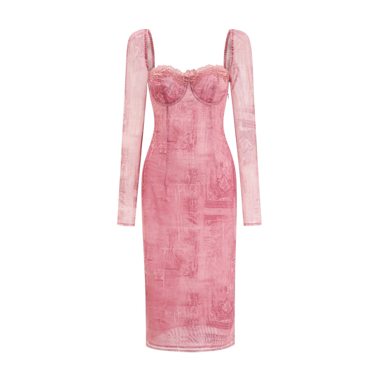 Shayla Dress Pink Lace Edge Semi - Sheer Bustier Midi & Long Sleeves