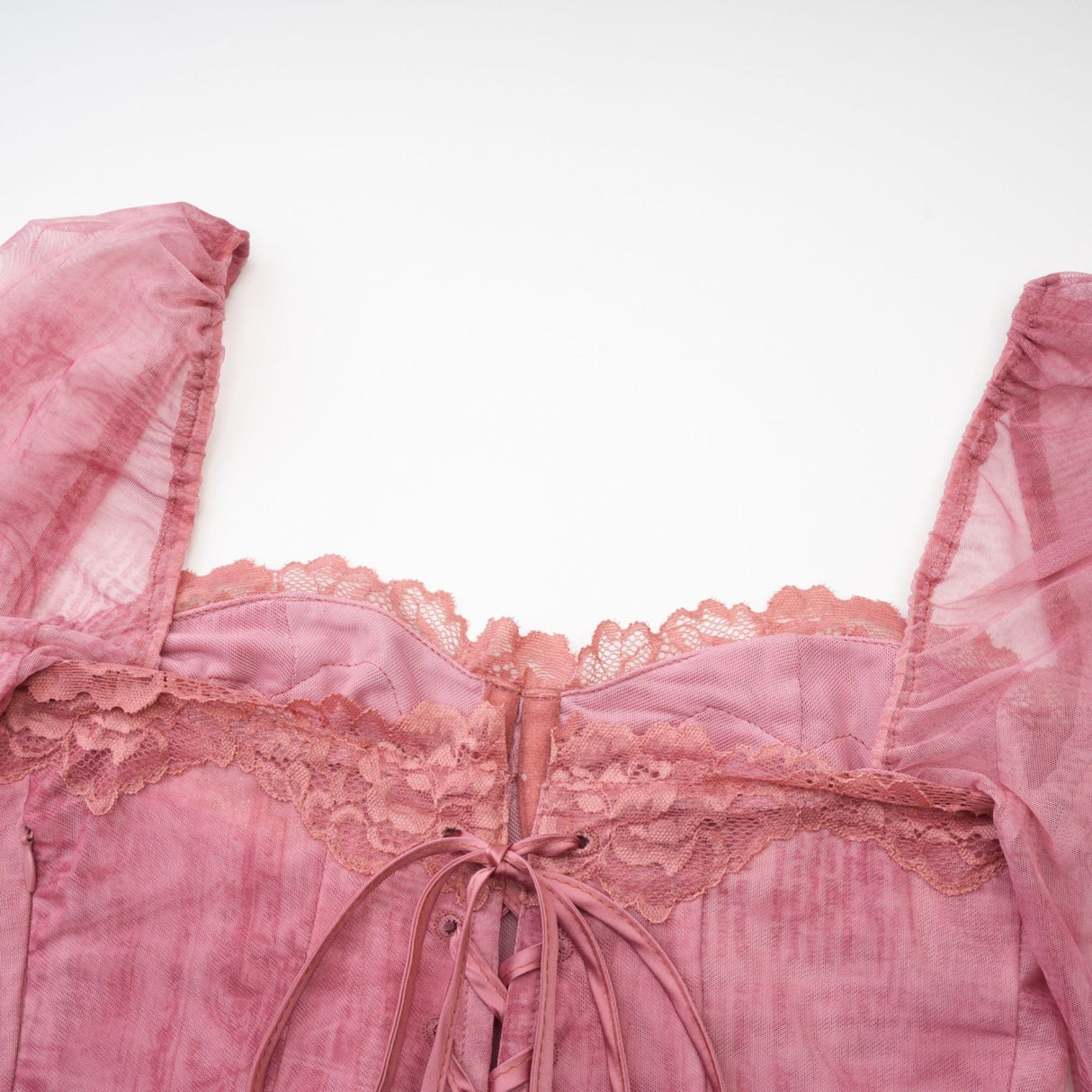 Shayla Dress Pink Lace Edge Semi - Sheer Bustier Midi & Long Sleeves