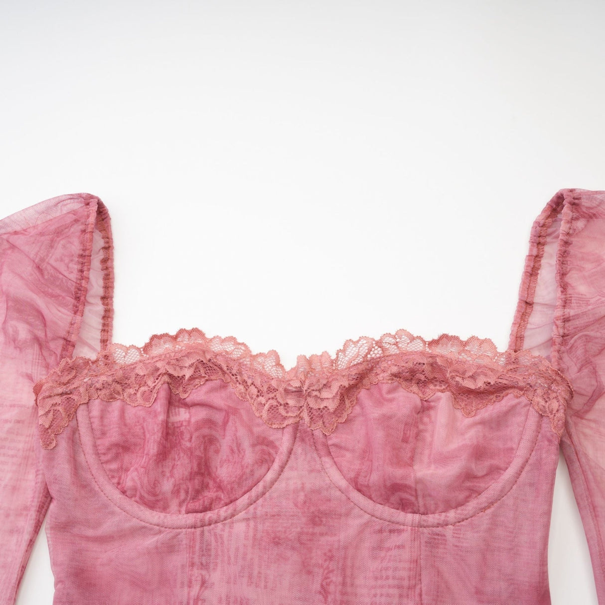 Shayla Dress Pink Lace Edge Semi - Sheer Bustier Midi & Long Sleeves