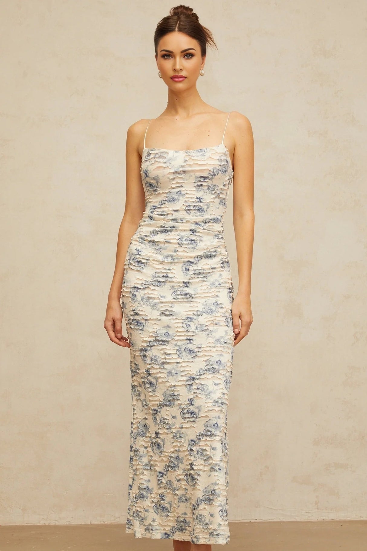 Shayla Maxi Dress Blue Floral Textured Square Neck Slip - On Floor - Length