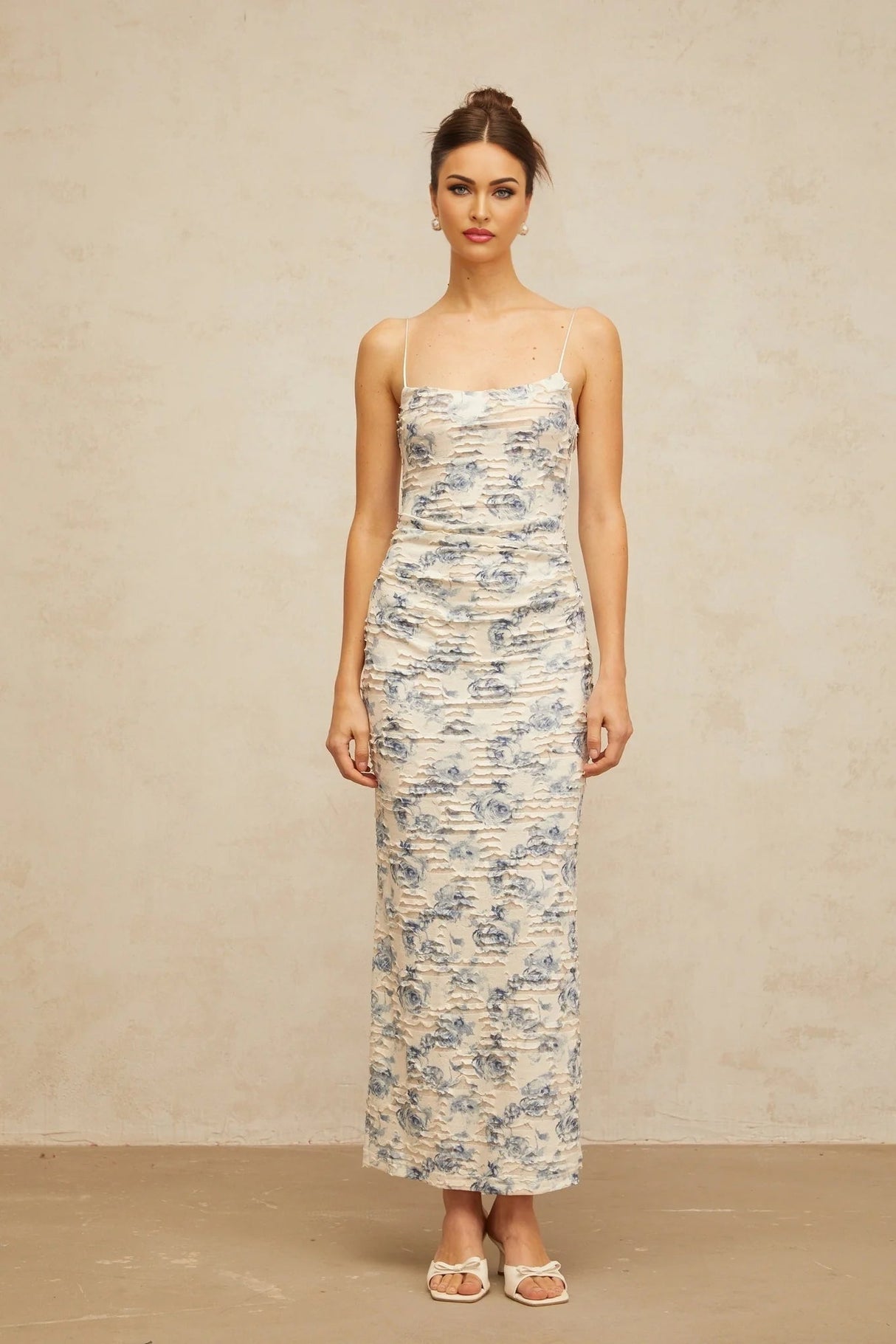 Shayla Maxi Dress Blue Floral Textured Square Neck Slip - On Floor - Length