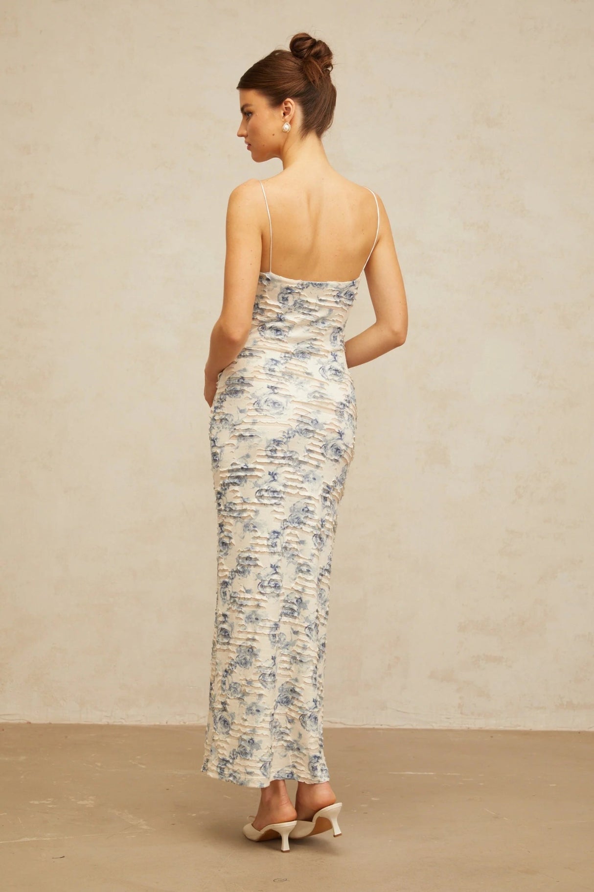 Shayla Maxi Dress Blue Floral Textured Square Neck Slip - On Floor - Length