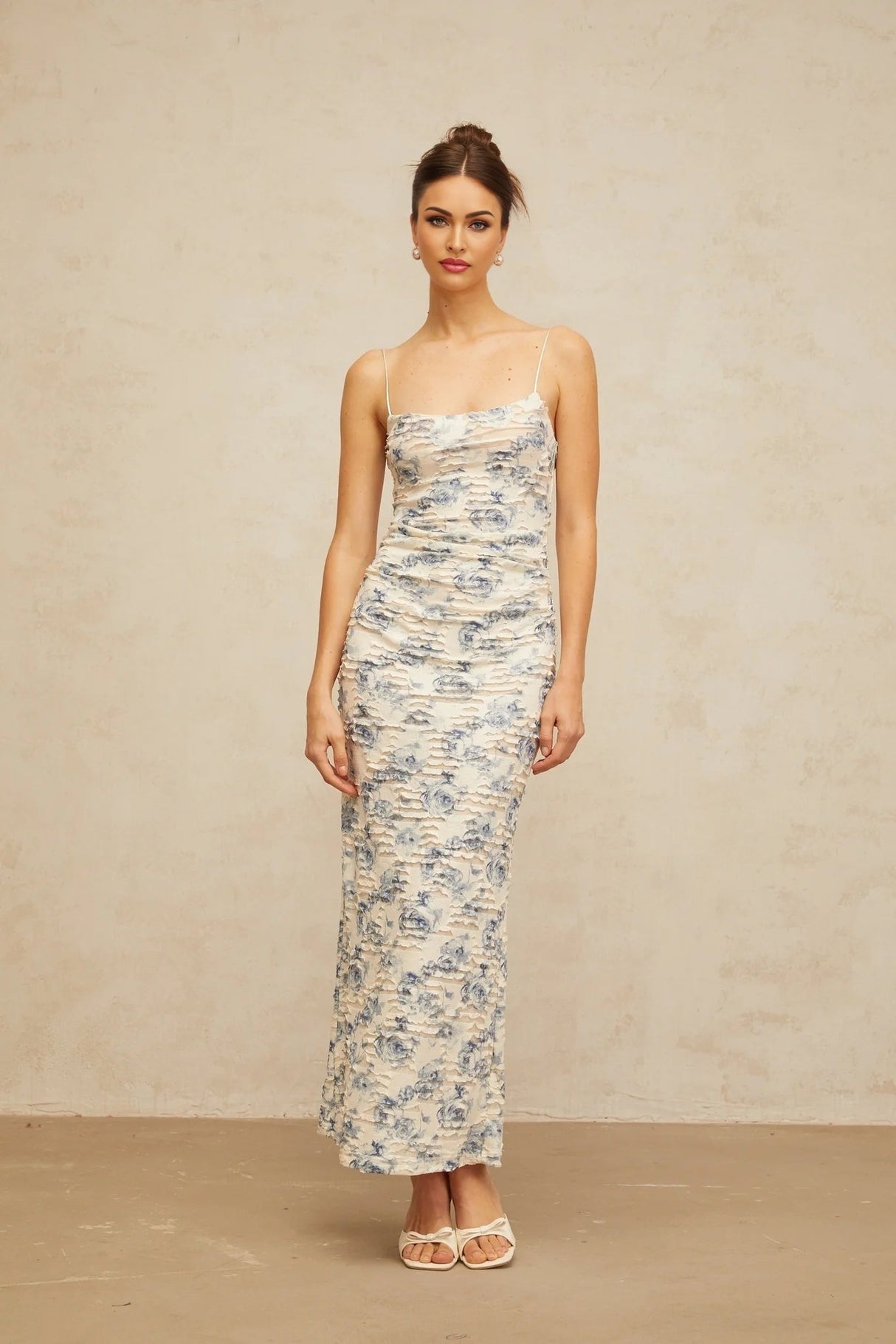 Shayla Maxi Dress Blue Floral Textured Square Neck Slip - On Floor - Length