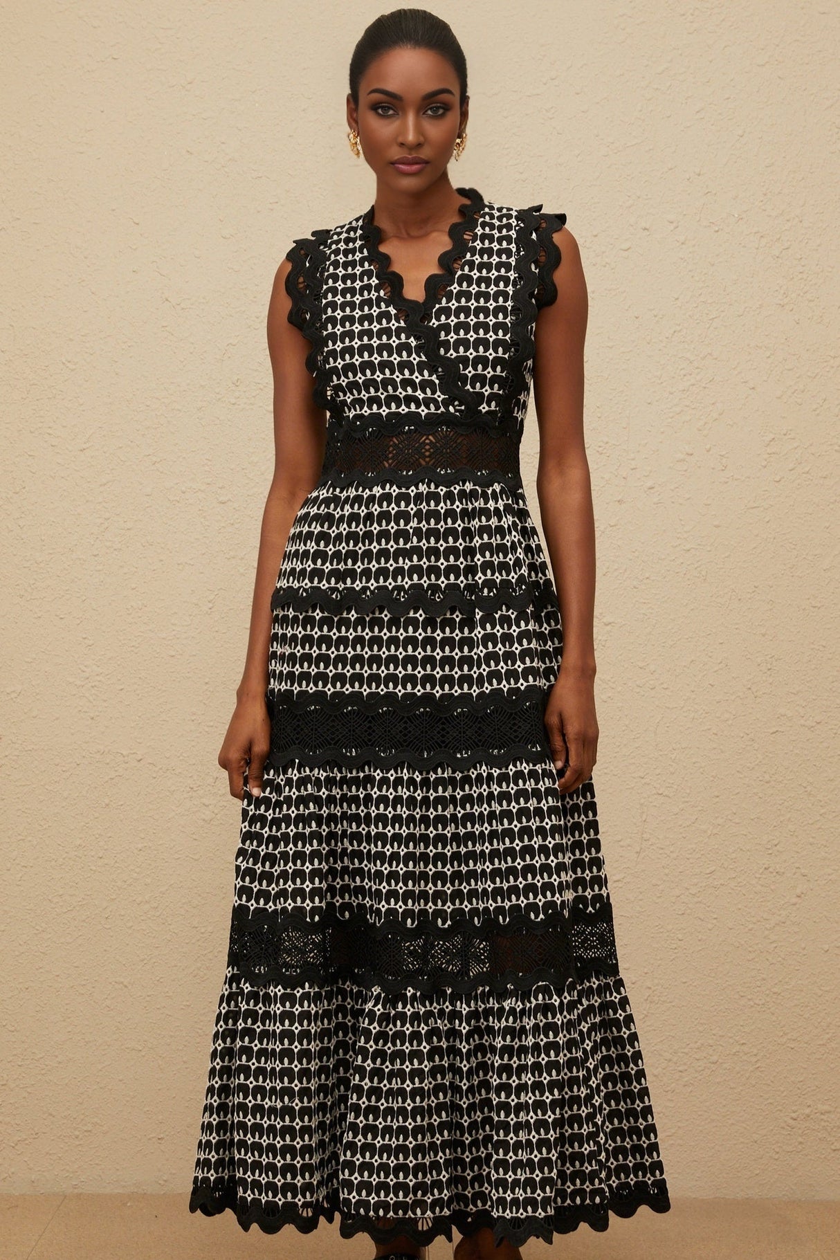 Shayla Maxi Dress - Sleeveless V - neck - Cut - Out Lace Panel - Scallop Trim