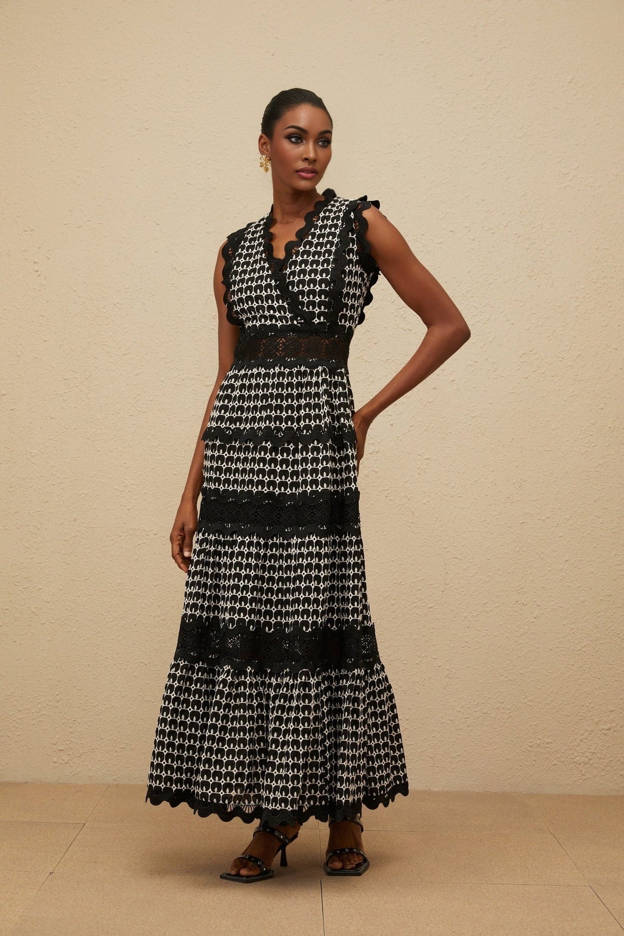 Shayla Maxi Dress - Sleeveless V - neck - Cut - Out Lace Panel - Scallop Trim