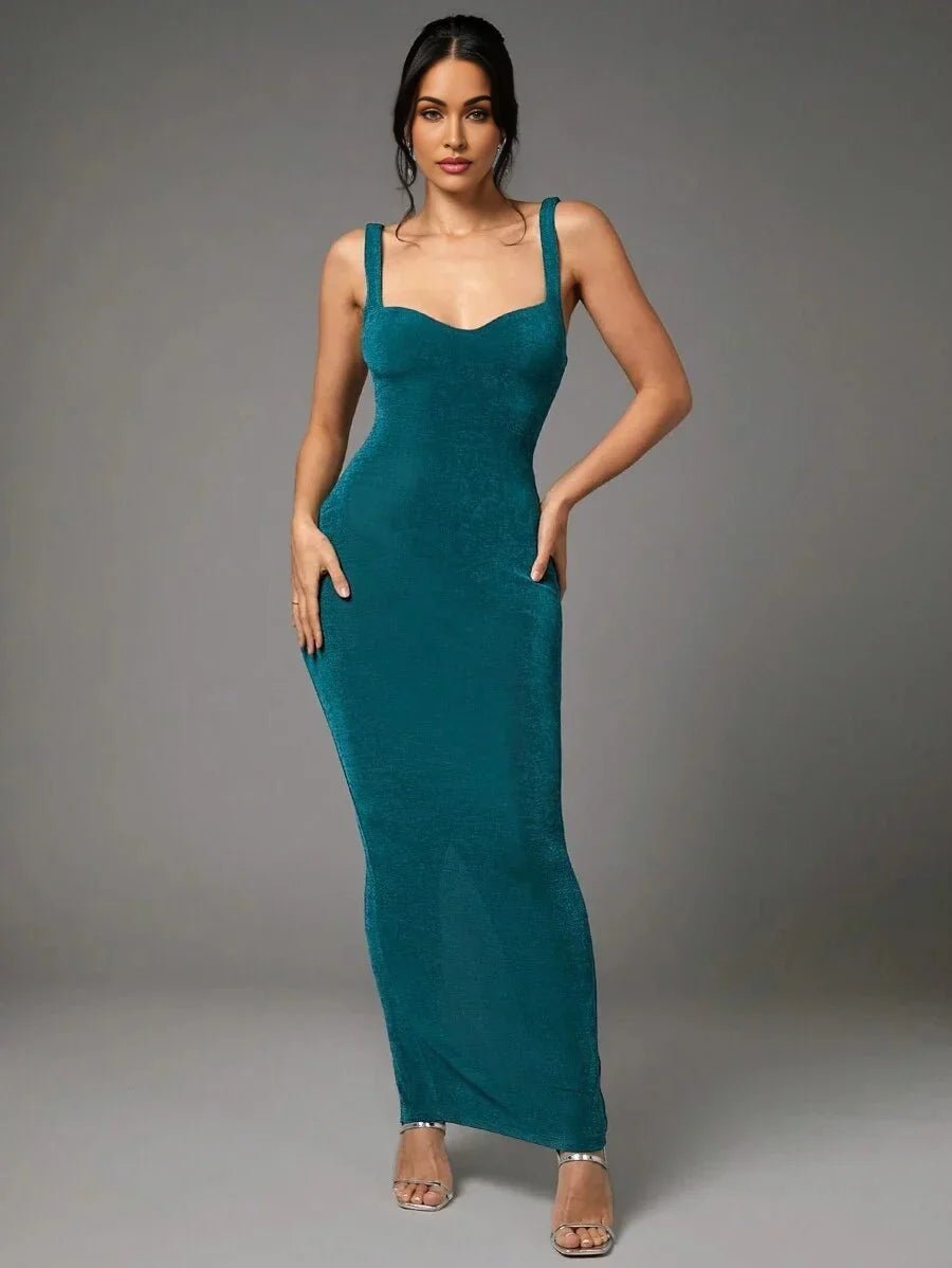 Shayla Maxi Dress - Slim Fit - Refined Style - Backless, Knot, Split - Sleeveless - Knitted Fabric - Neckline Straps - Hem Shaped Slit
