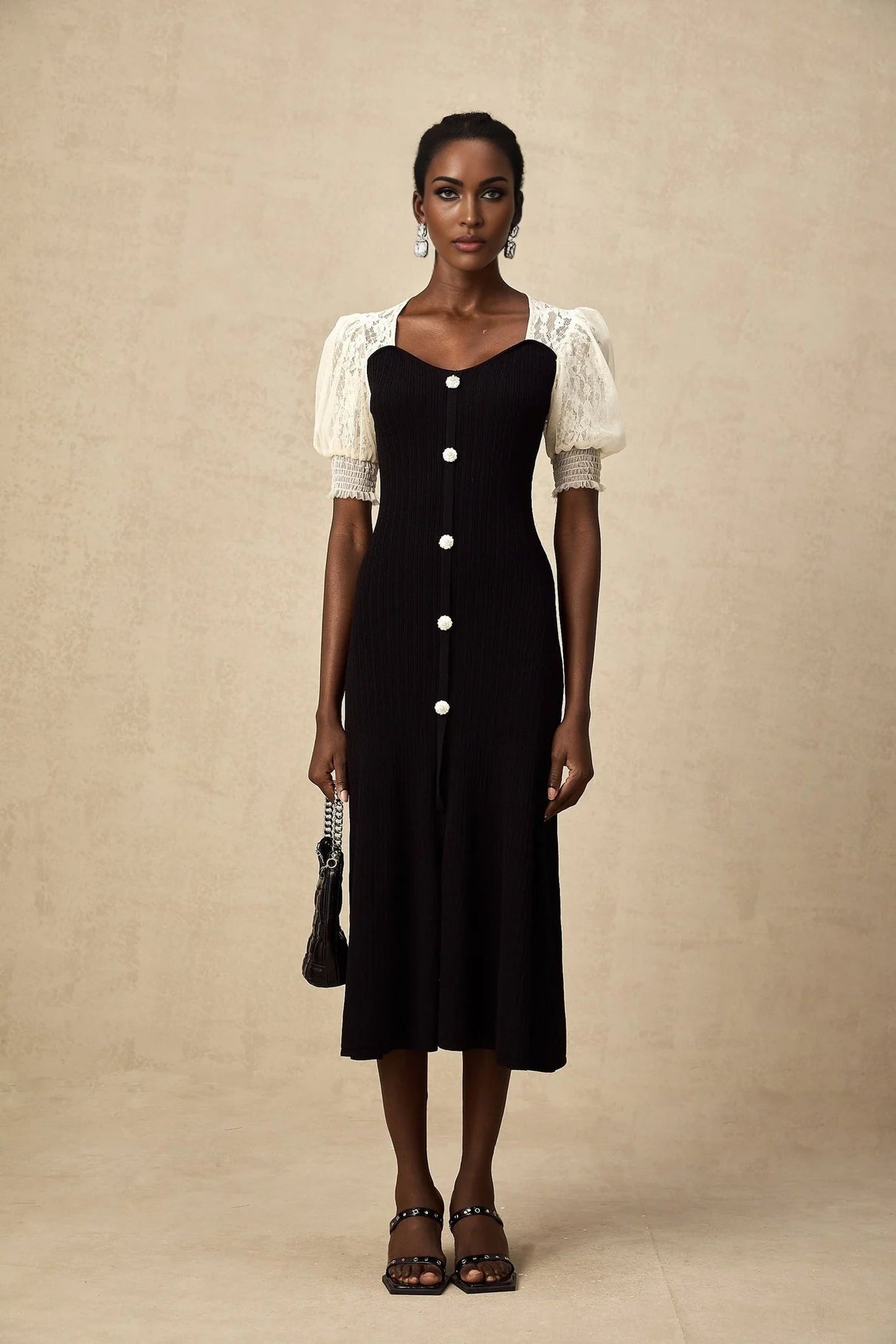 Shayla Midi Dress Black & White Knit Lace Panelled Button Detail