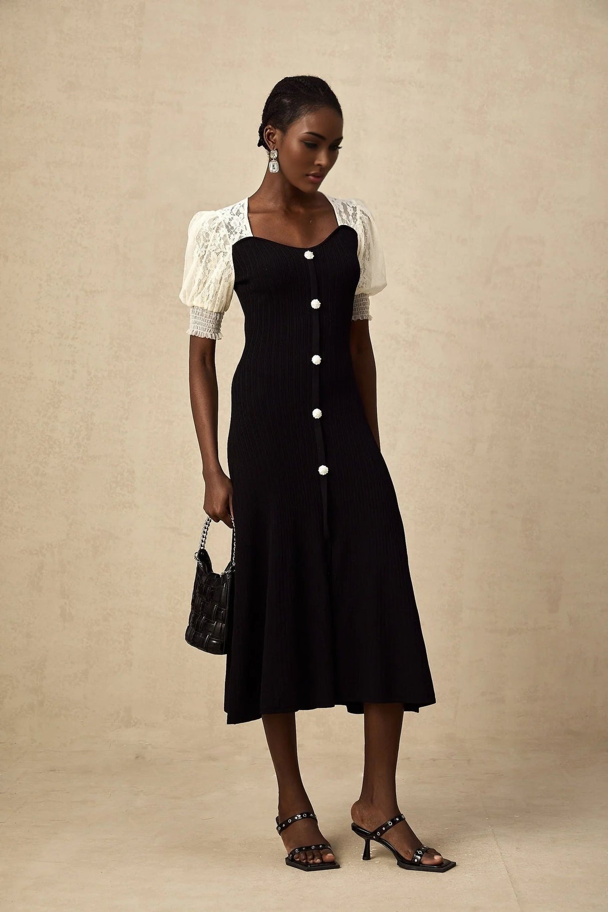 Shayla Midi Dress Black & White Knit Lace Panelled Button Detail