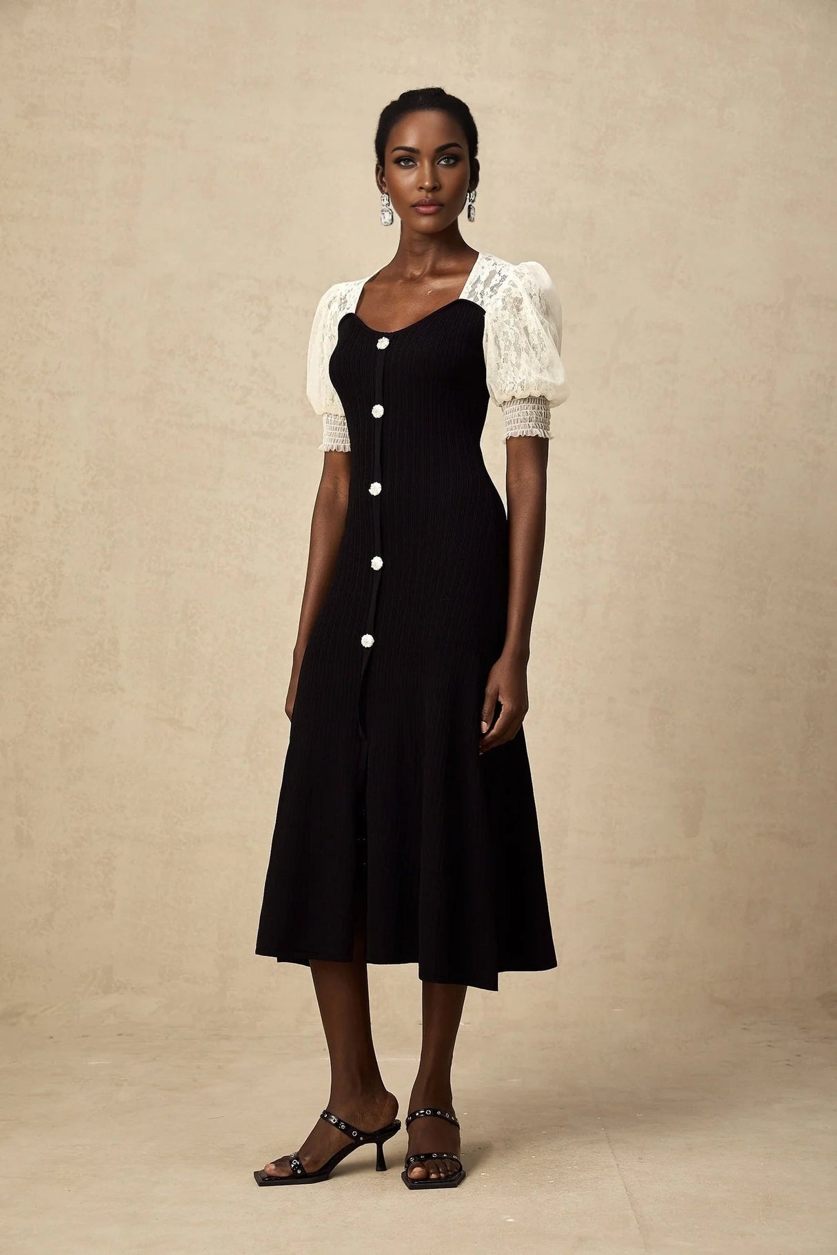 Shayla Midi Dress Black & White Knit Lace Panelled Button Detail