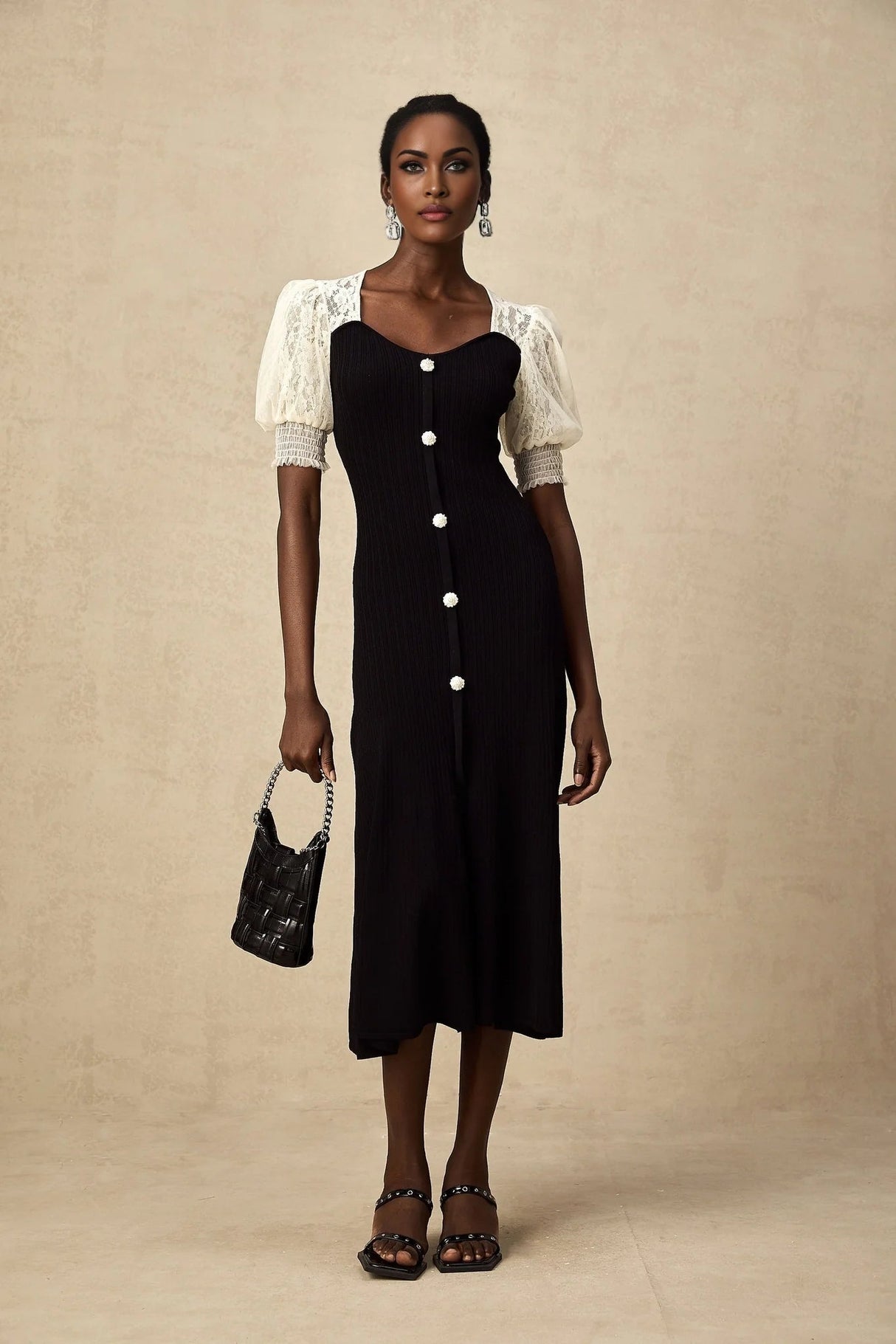 Shayla Midi Dress Black & White Knit Lace Panelled Button Detail