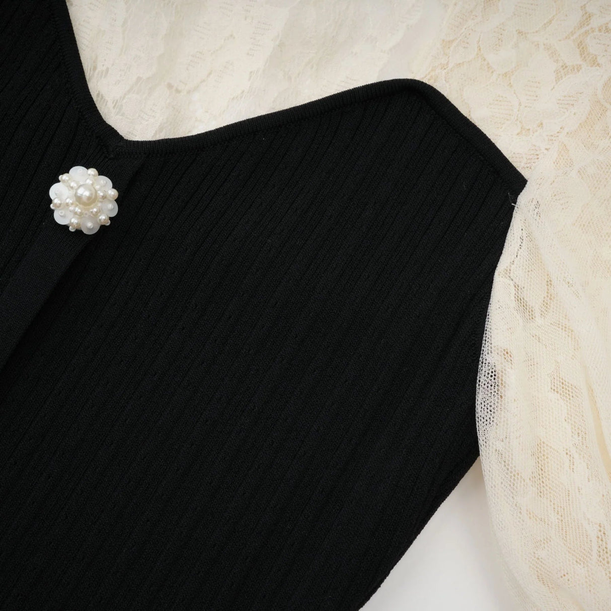 Shayla Midi Dress Black & White Knit Lace Panelled Button Detail