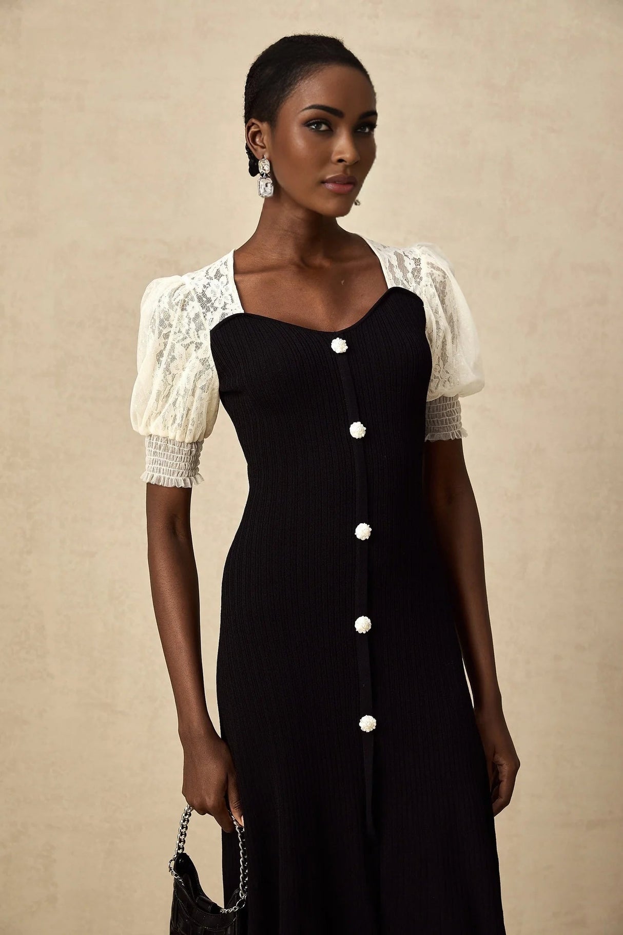 Shayla Midi Dress Black & White Knit Lace Panelled Button Detail