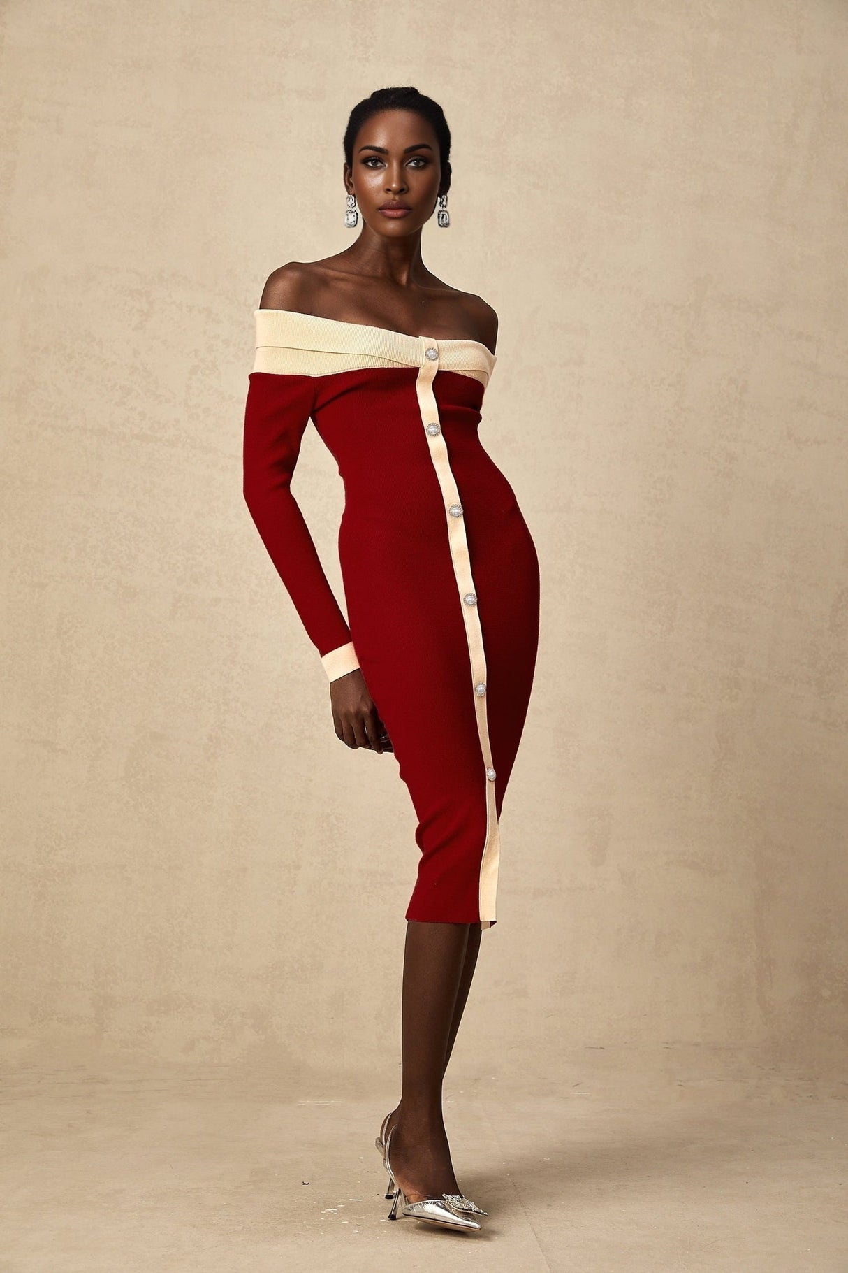 Shayla Midi Dress Red & White Knit Off Shoulder Pen 