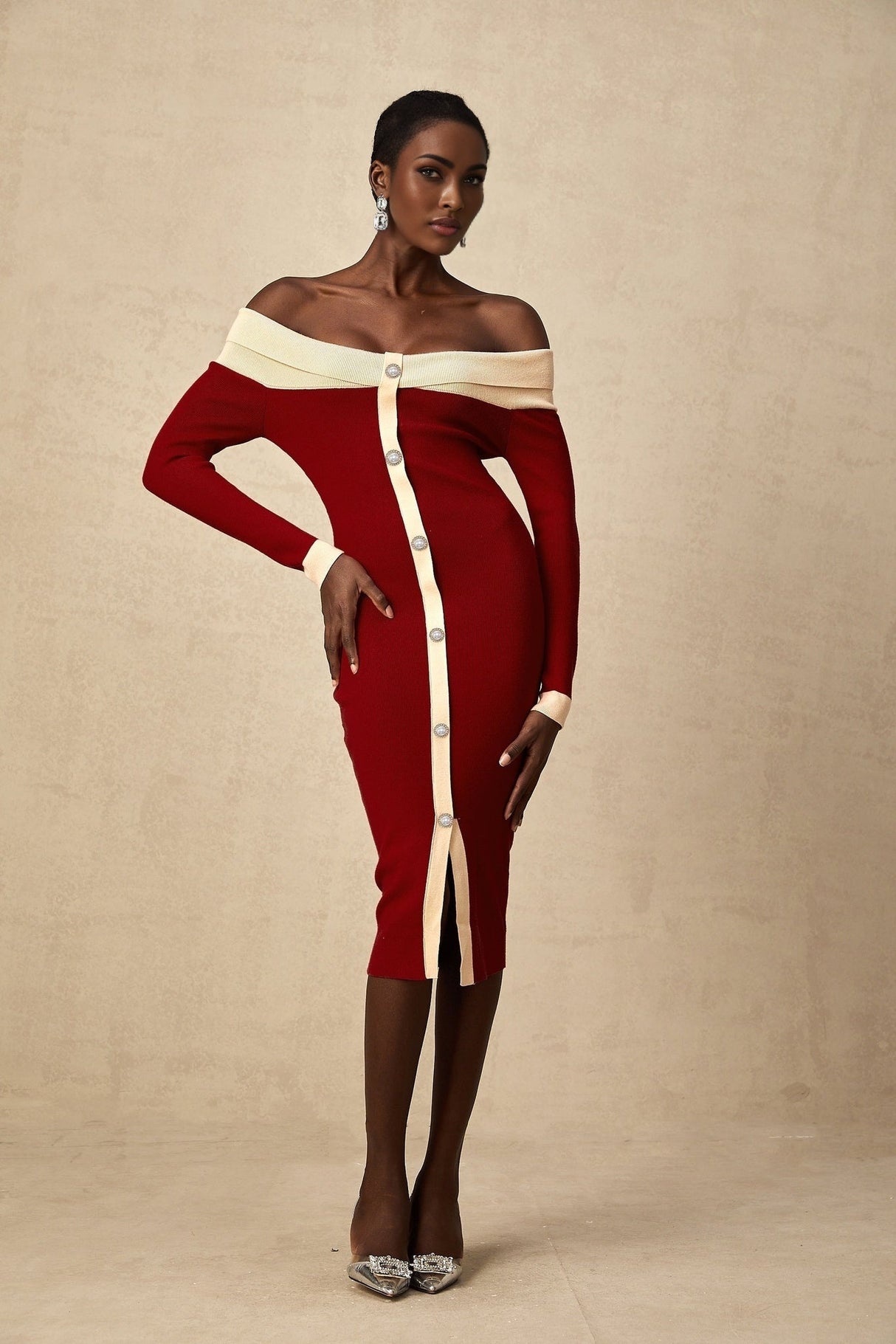 Shayla Midi Dress Red & White Knit Off Shoulder Pen 