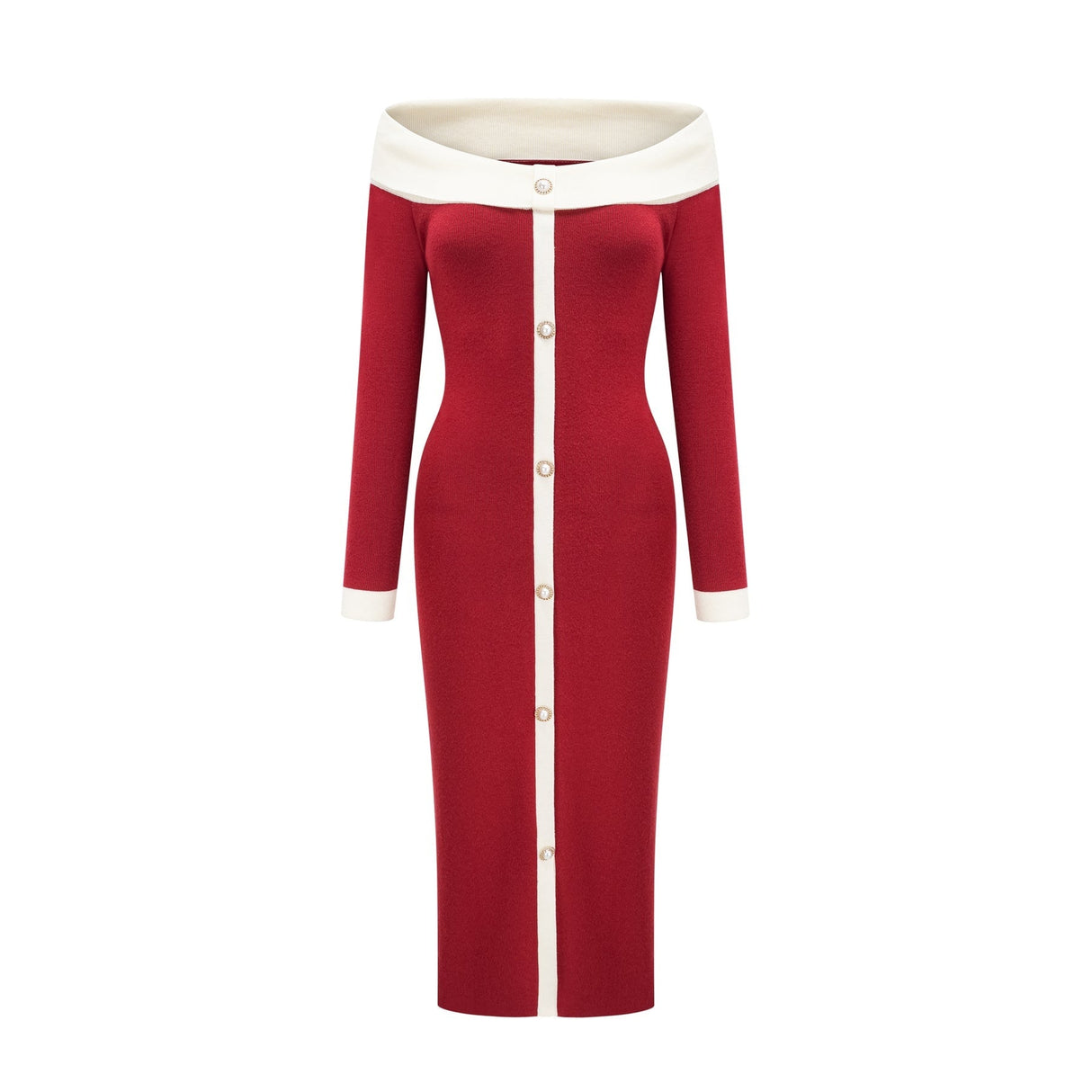 Shayla Midi Dress Red & White Knit Off Shoulder Pen 