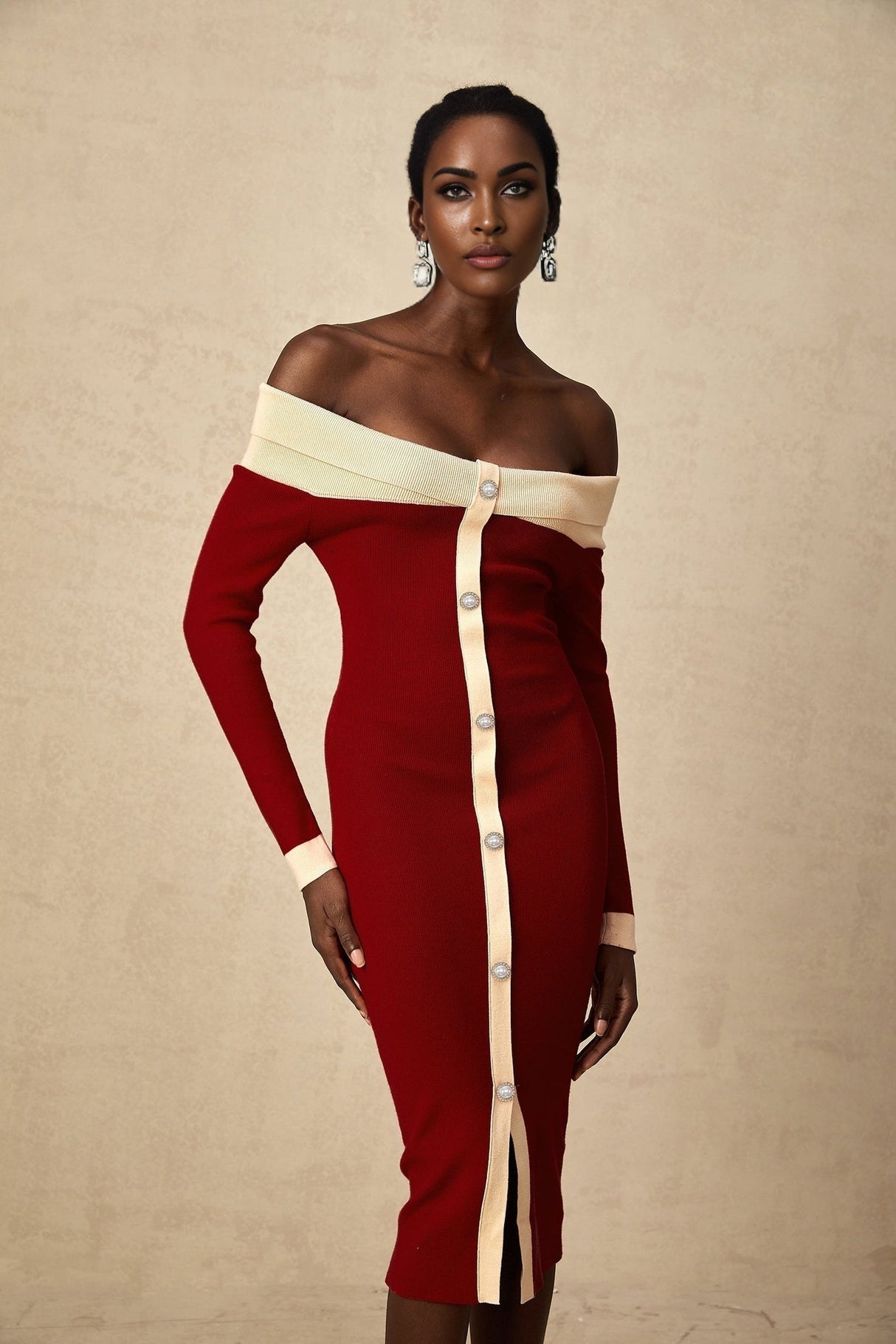 Shayla Midi Dress Red & White Knit Off Shoulder Pen 