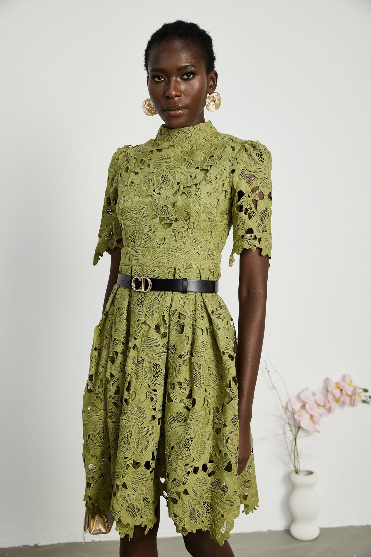 Shayla Mini Dress Green Floral Embroidered Cut Out ALine