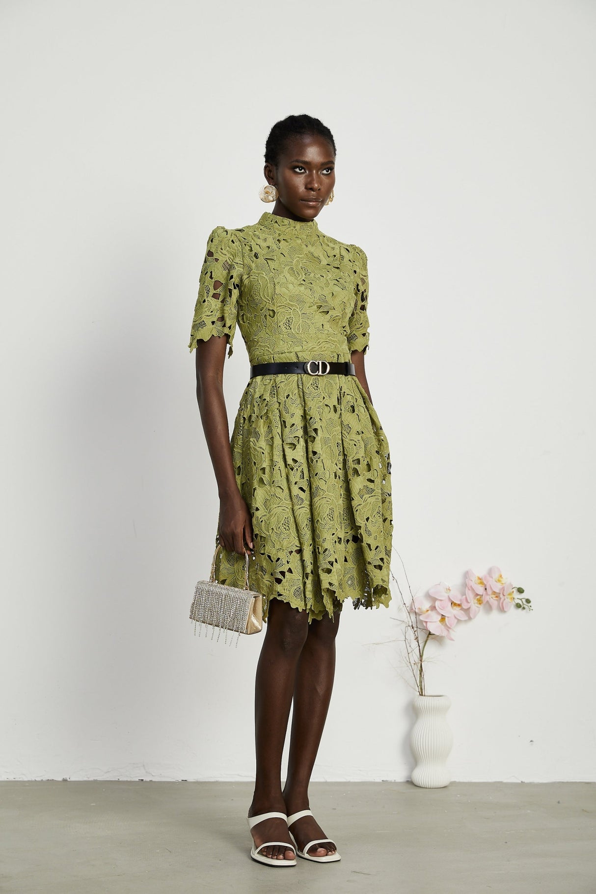 Shayla Mini Dress Green Floral Embroidered Cut Out ALine