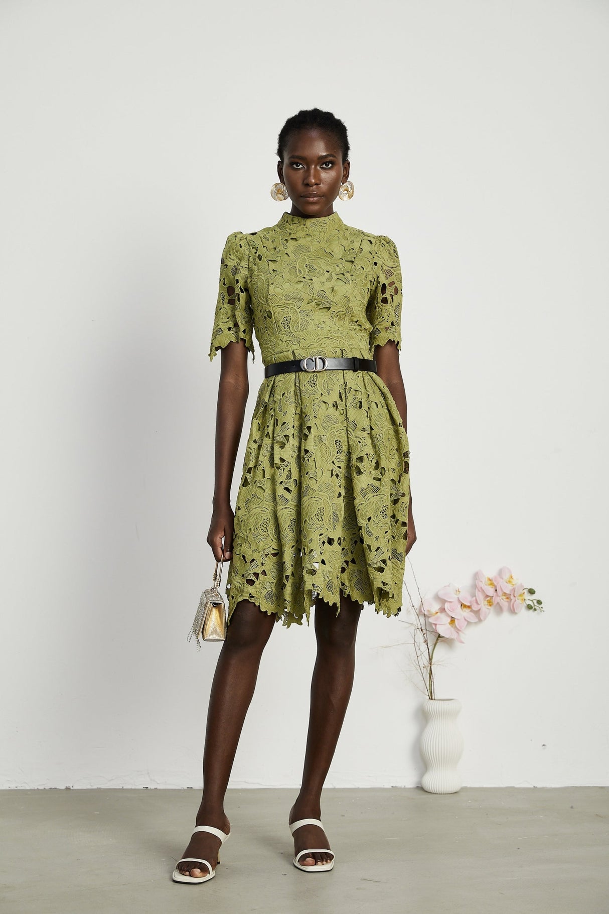 Shayla Mini Dress Green Floral Embroidered Cut Out ALine