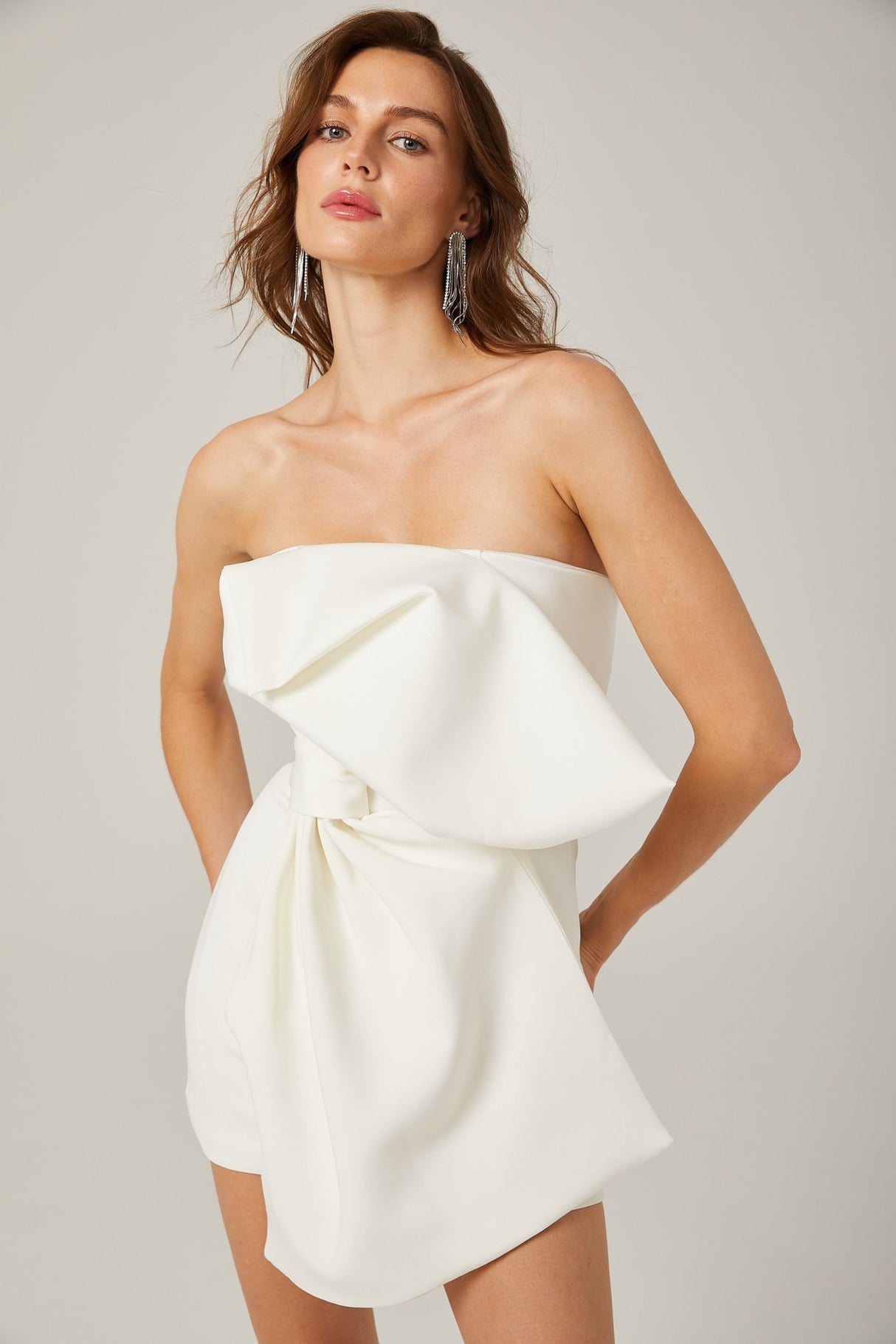 Shayla Mini Dress White Oversize Bow Off Shoulder Design