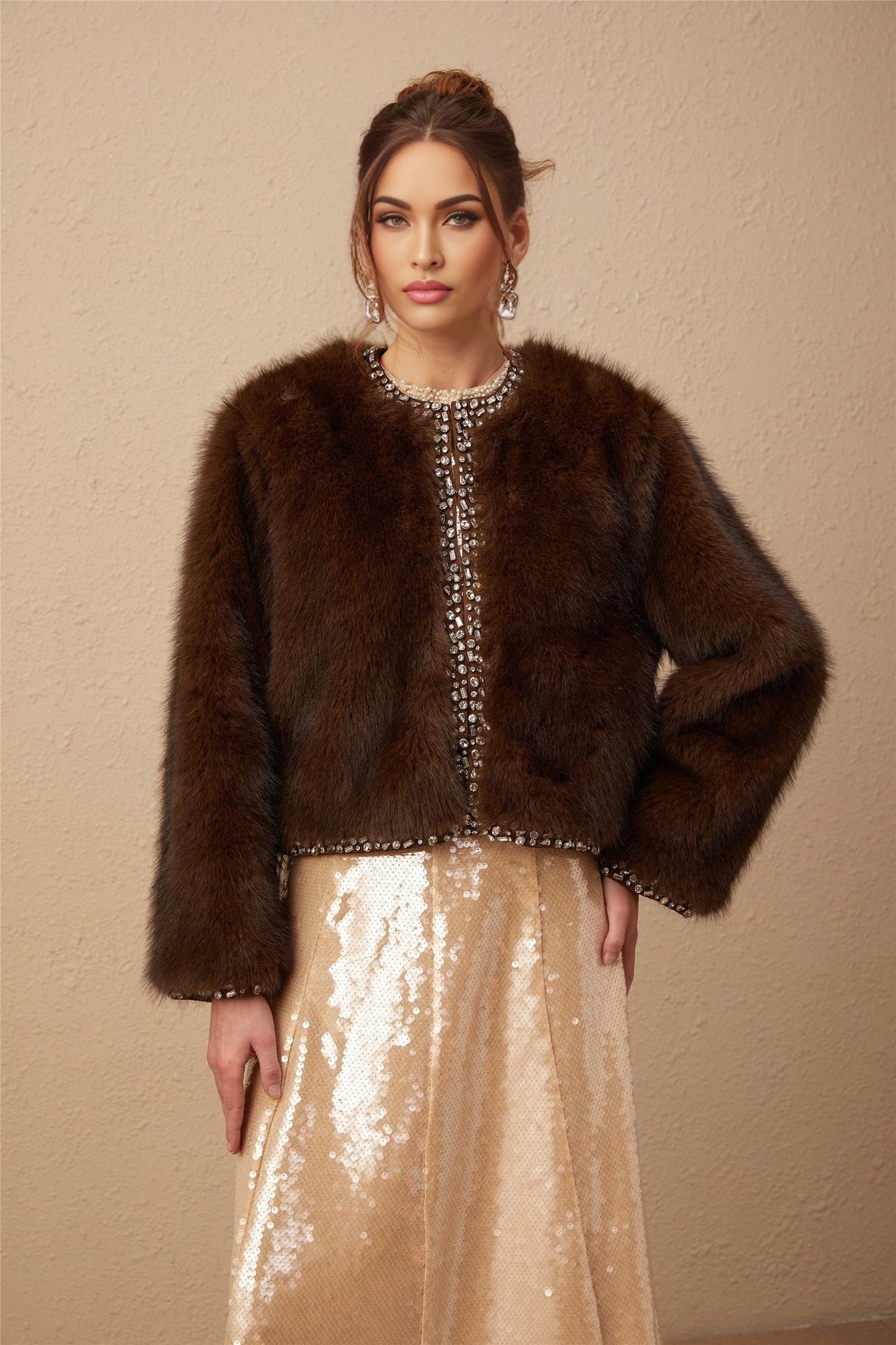 Shiloh Coat Brown Ombre Crystal Faux Fur & Fur Detailing