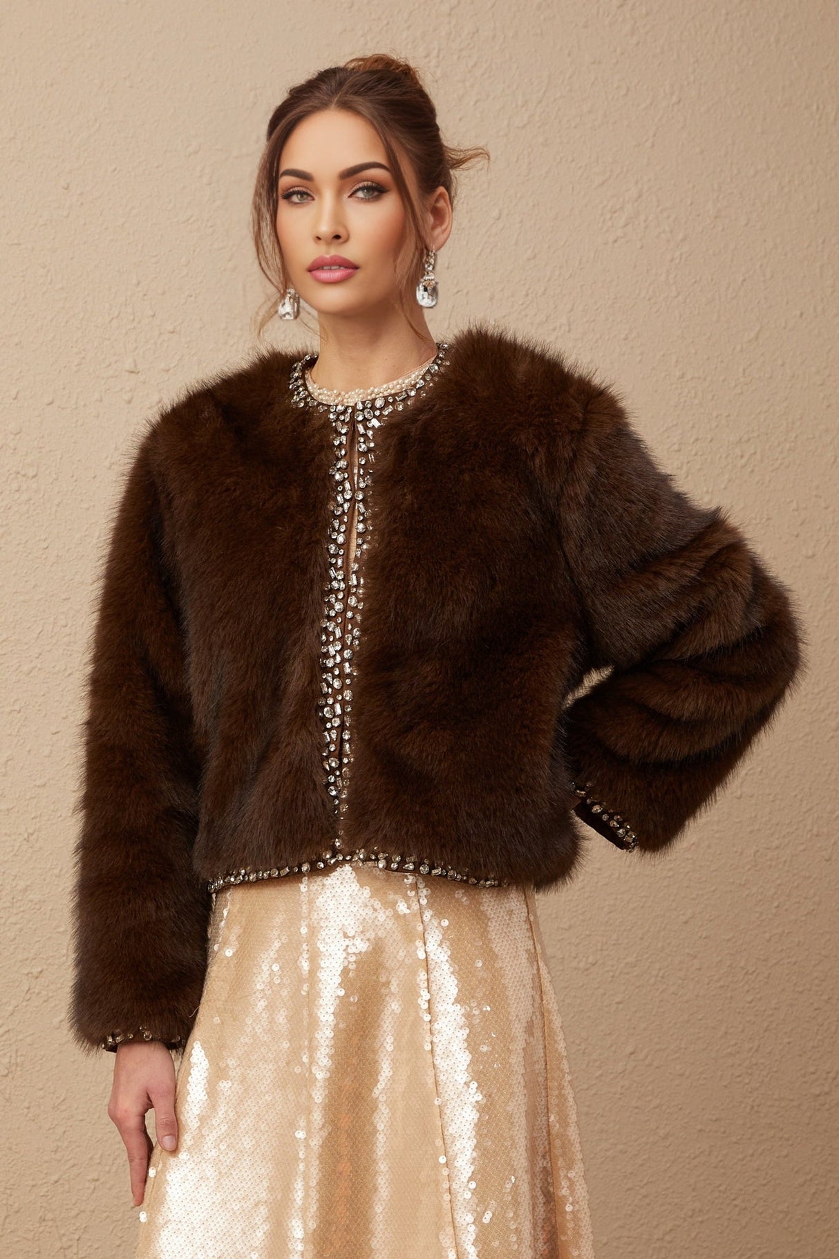Shiloh Coat Brown Ombre Crystal Faux Fur & Fur Detailing