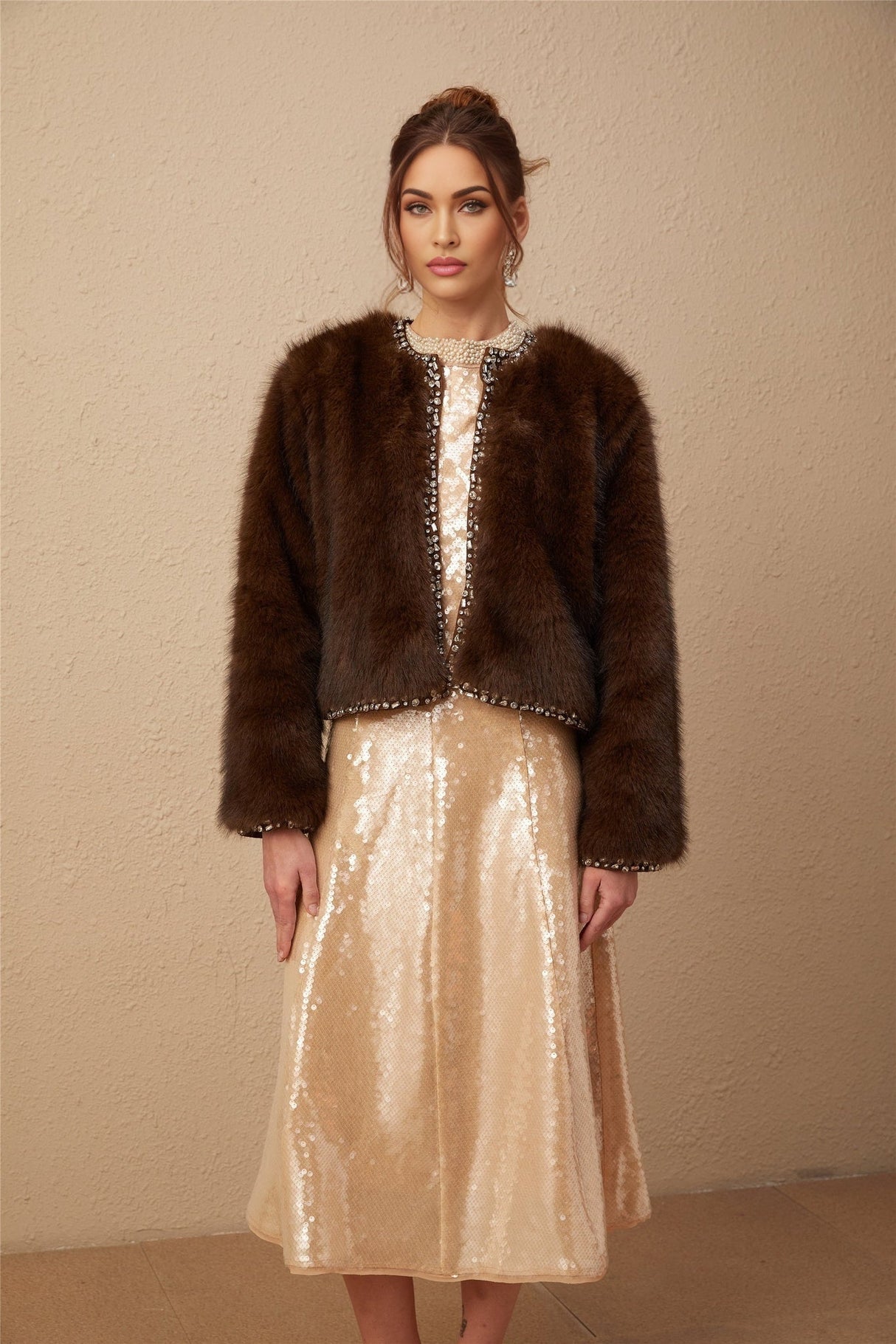 Shiloh Coat Brown Ombre Crystal Faux Fur & Fur Detailing