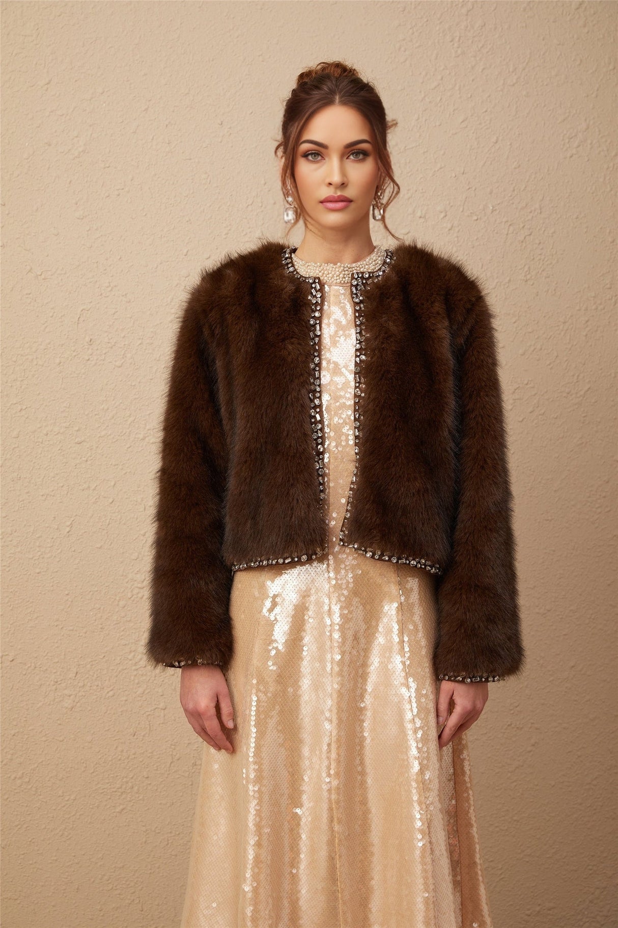 Shiloh Coat Brown Ombre Crystal Faux Fur & Fur Detailing