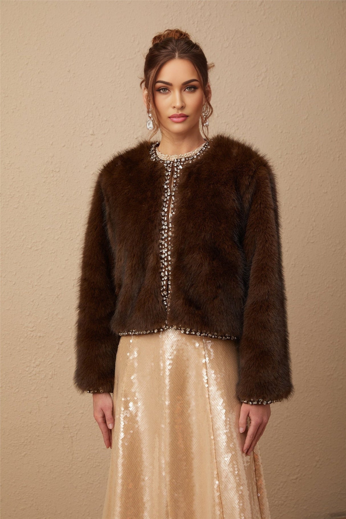 Shiloh Coat Brown Ombre Crystal Faux Fur & Fur Detailing
