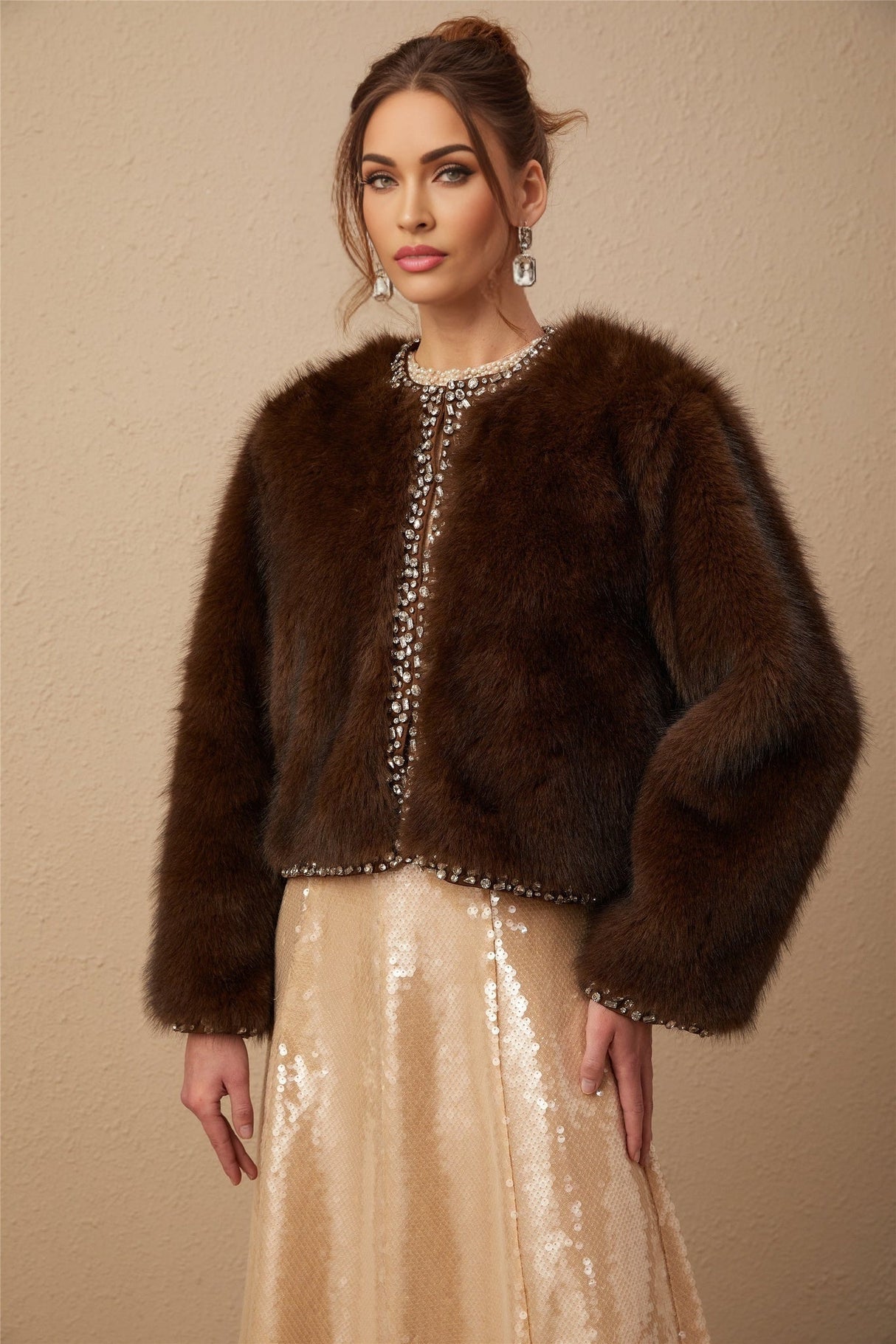 Shiloh Coat Brown Ombre Crystal Faux Fur & Fur Detailing