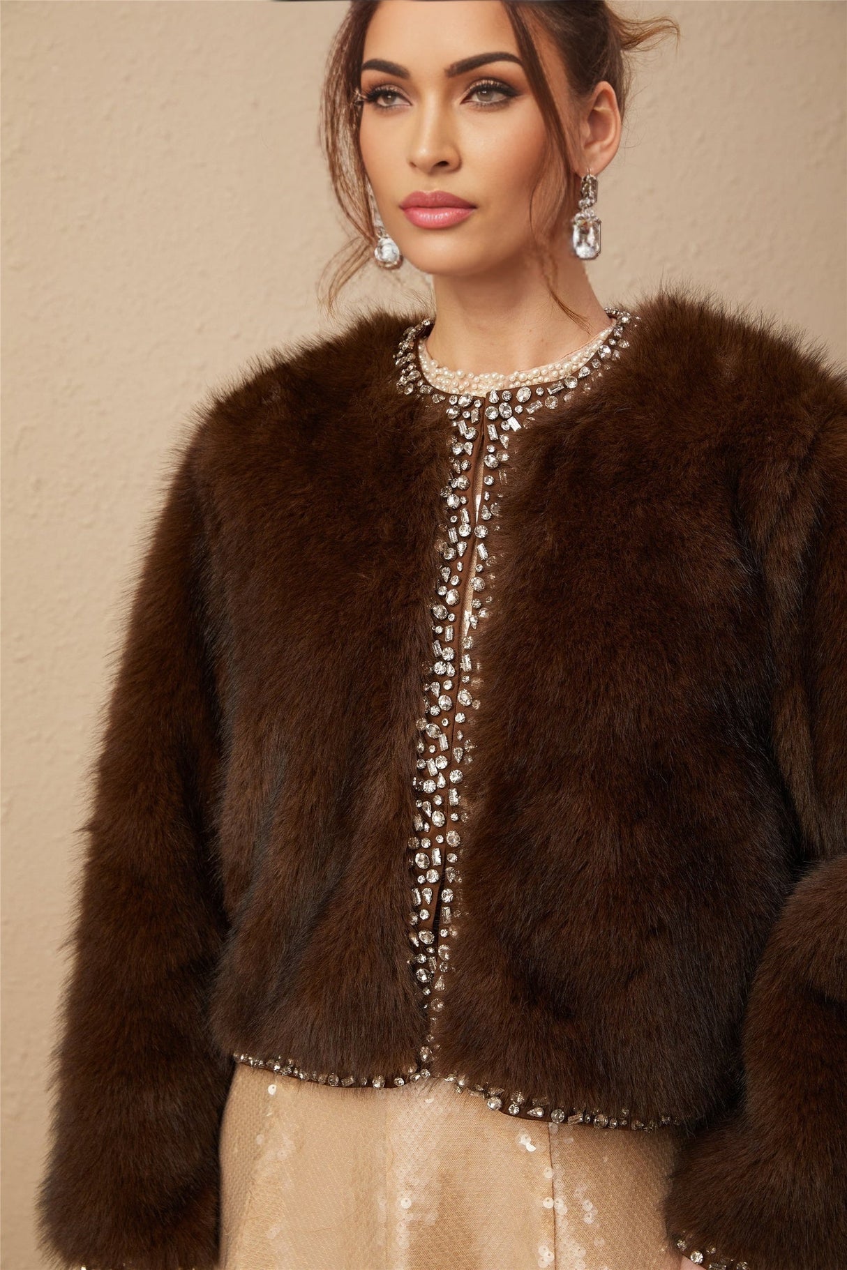 Shiloh Coat Brown Ombre Crystal Faux Fur & Fur Detailing