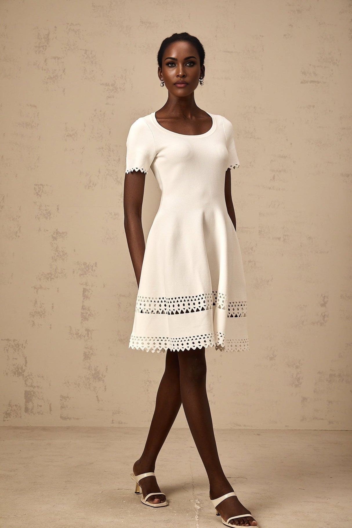 Shiloh Mini Dress White Knit Cut Out Scallop Hem