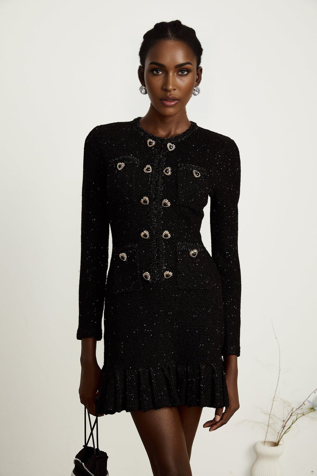 Shiloh Sequin Mini Dress Black Long Sleeve Knee Length