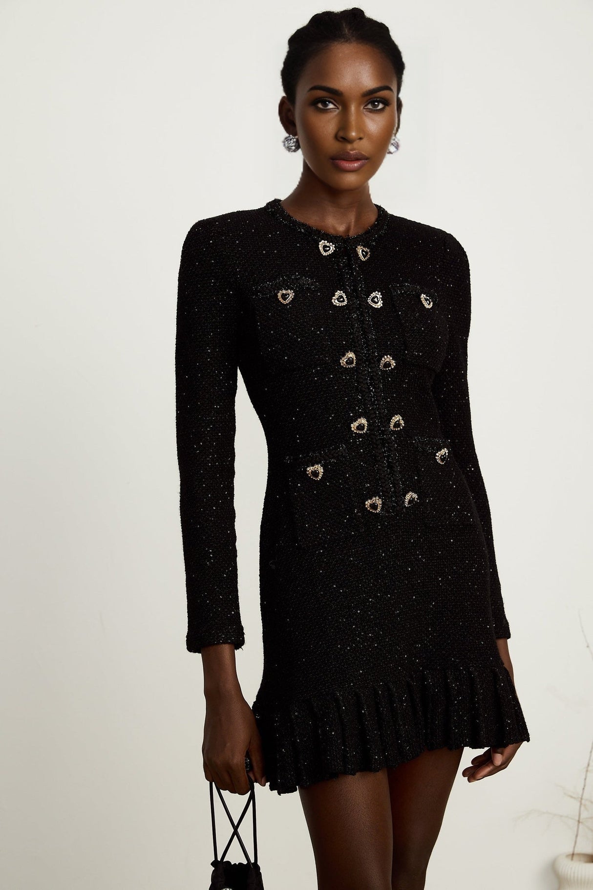 Shiloh Sequin Mini Dress Black Long Sleeve Knee Length