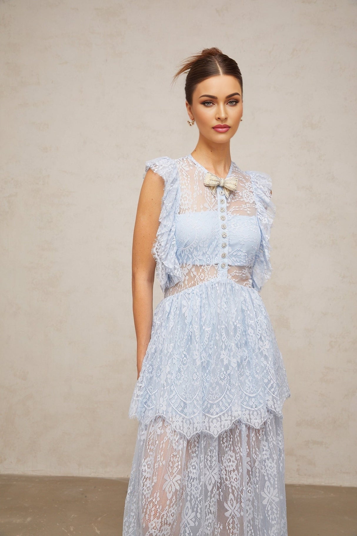 Sienna Blue Lace Maxi Dress with Layered Skirt & Crystal Embellishment