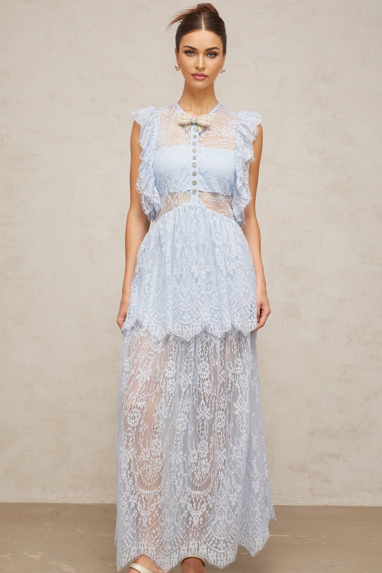 Sienna Blue Lace Maxi Dress with Layered Skirt & Crystal Embellishment