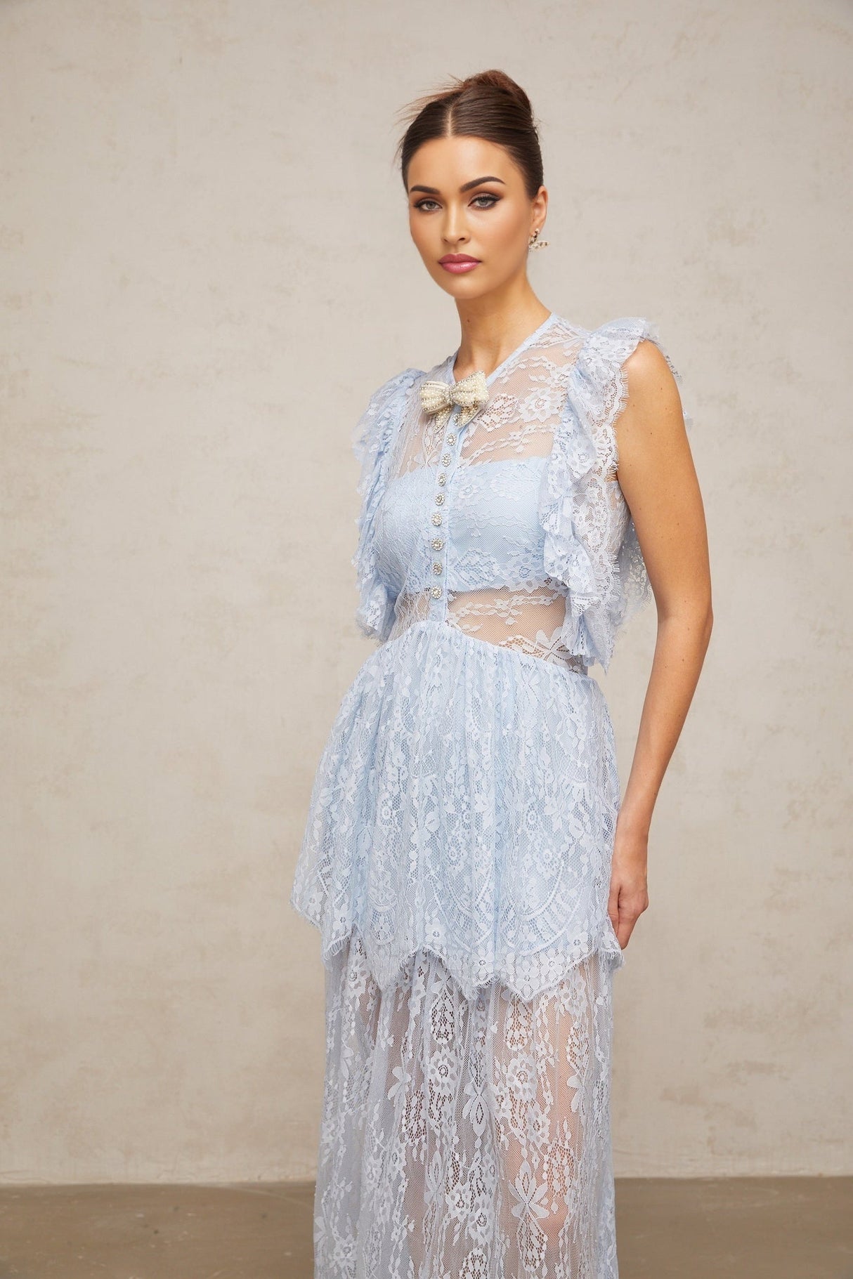 Sienna Blue Lace Maxi Dress with Layered Skirt & Crystal Embellishment