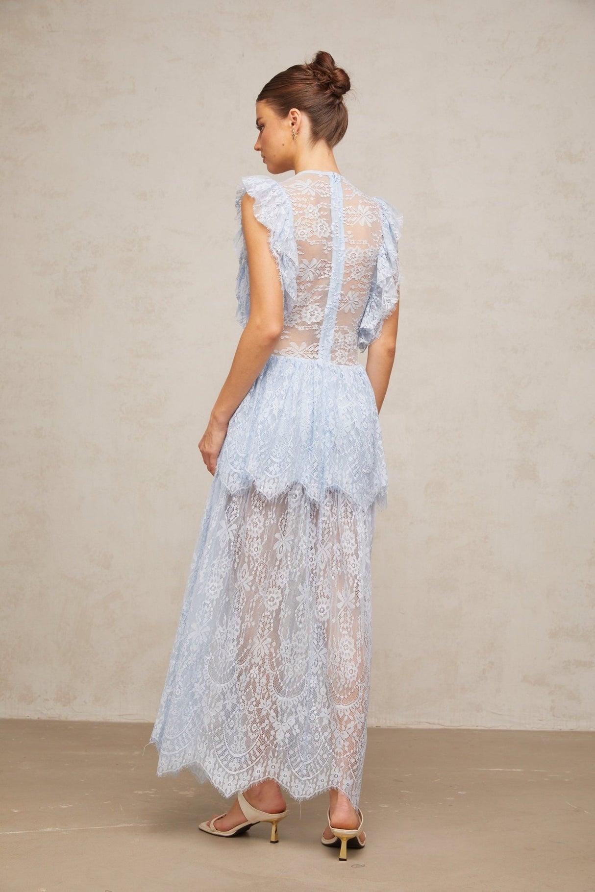 Sienna Blue Lace Maxi Dress with Layered Skirt & Crystal Embellishment