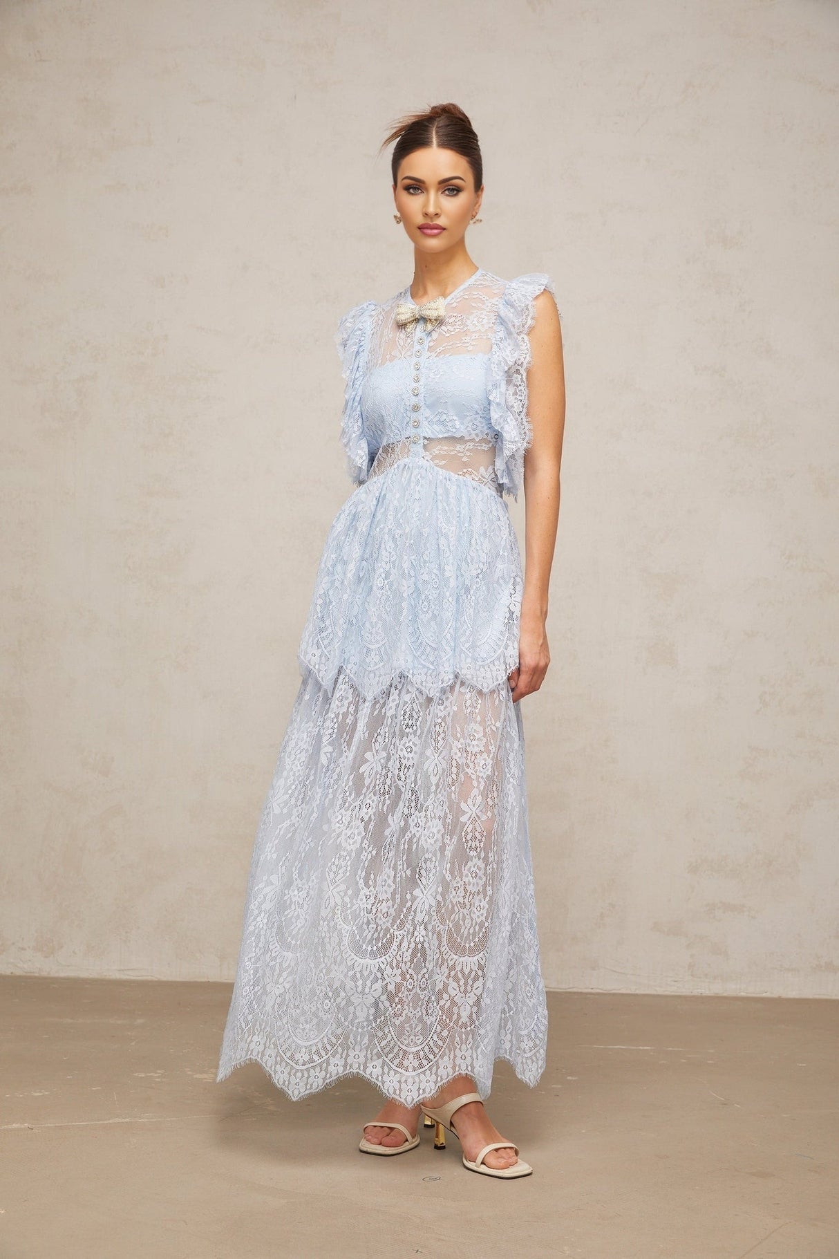 Sienna Blue Lace Maxi Dress with Layered Skirt & Crystal Embellishment