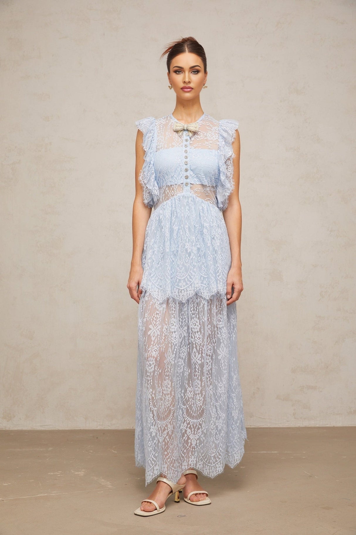 Sienna Blue Lace Maxi Dress with Layered Skirt & Crystal Embellishment