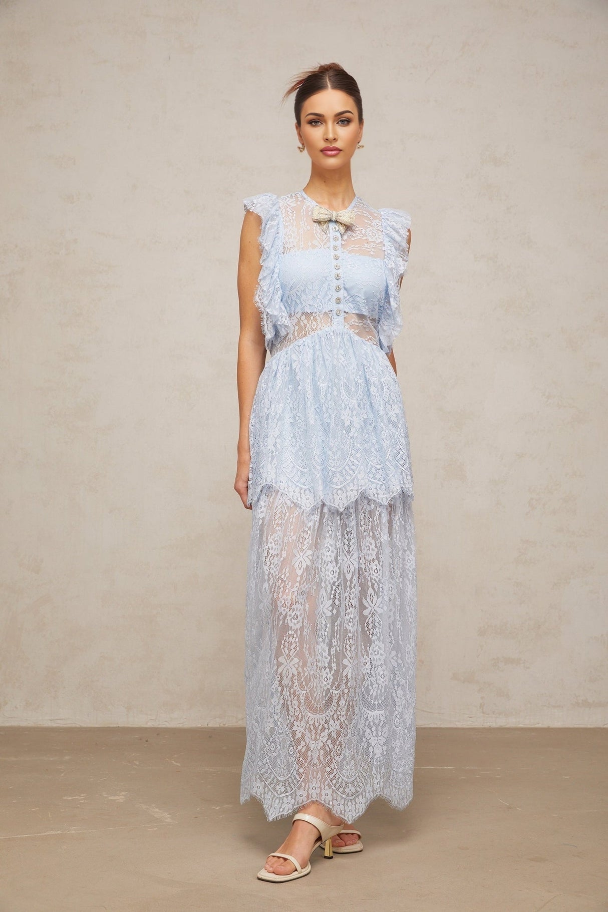 Sienna Blue Lace Maxi Dress with Layered Skirt & Crystal Embellishment