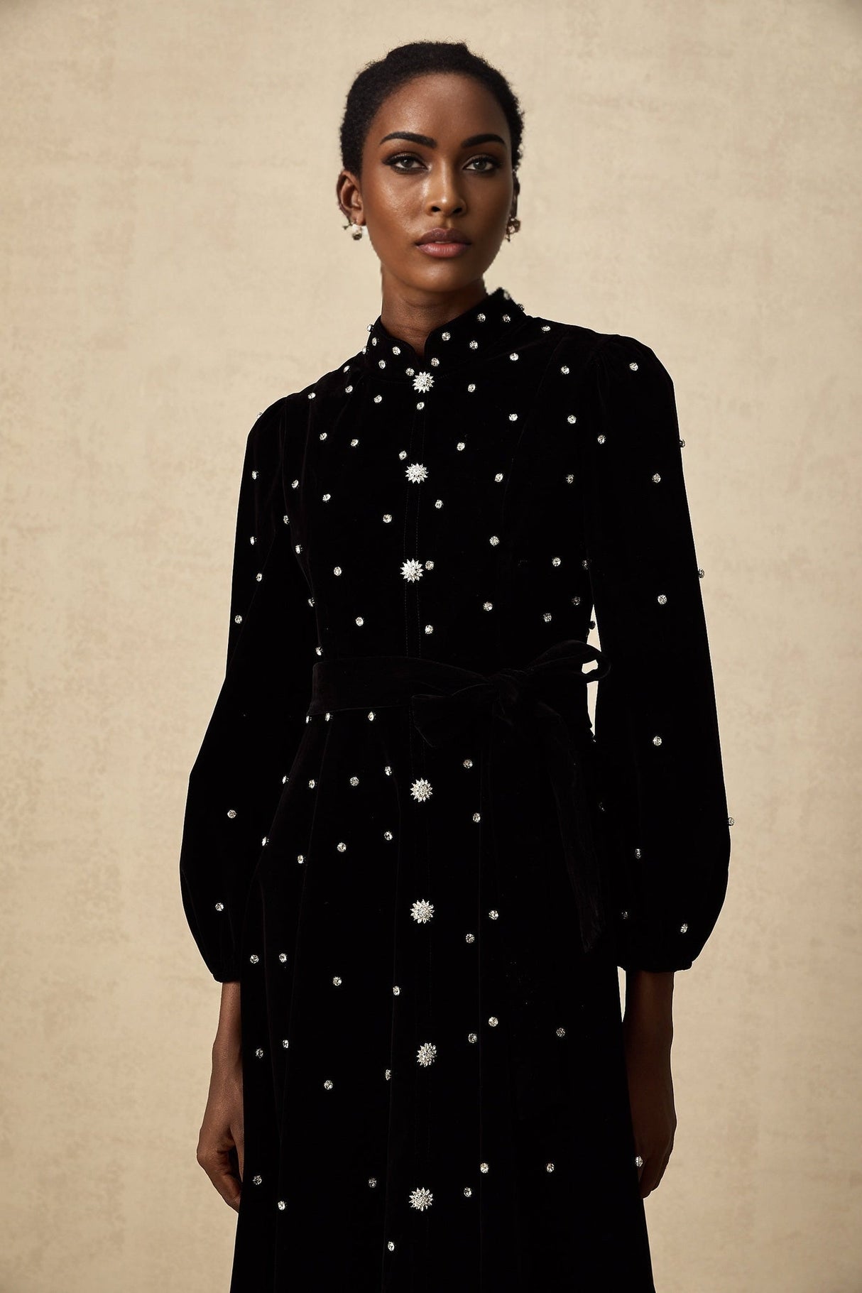 Sienna Midi Dress Black Velvet Crystal Bow Embellished Flare