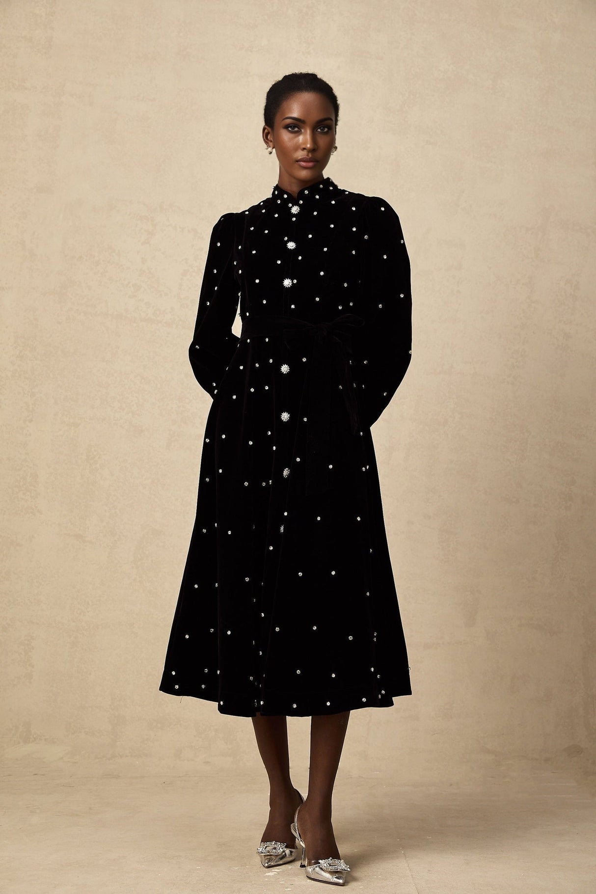 Sienna Midi Dress Black Velvet Crystal Bow Embellished Flare