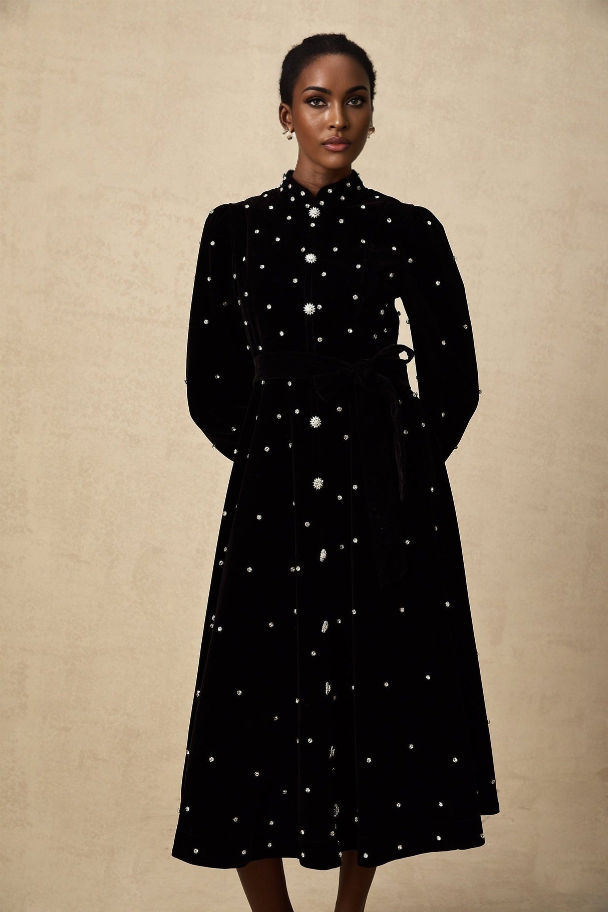 Sienna Midi Dress Black Velvet Crystal Bow Embellished Flare